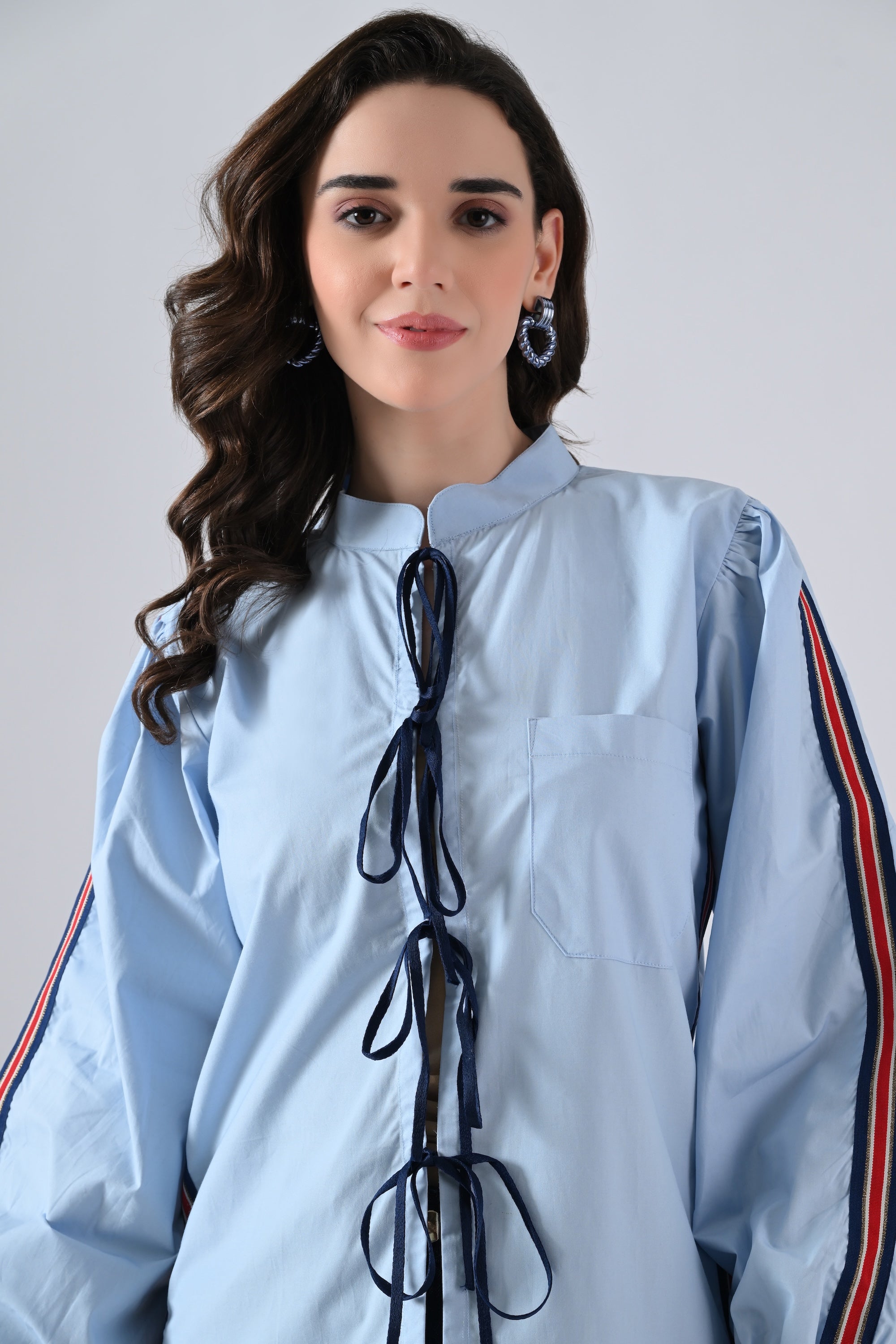 Light Blue Cotton Shirt with Lace Detailing on Sleeves and Tie Strings Front Closure