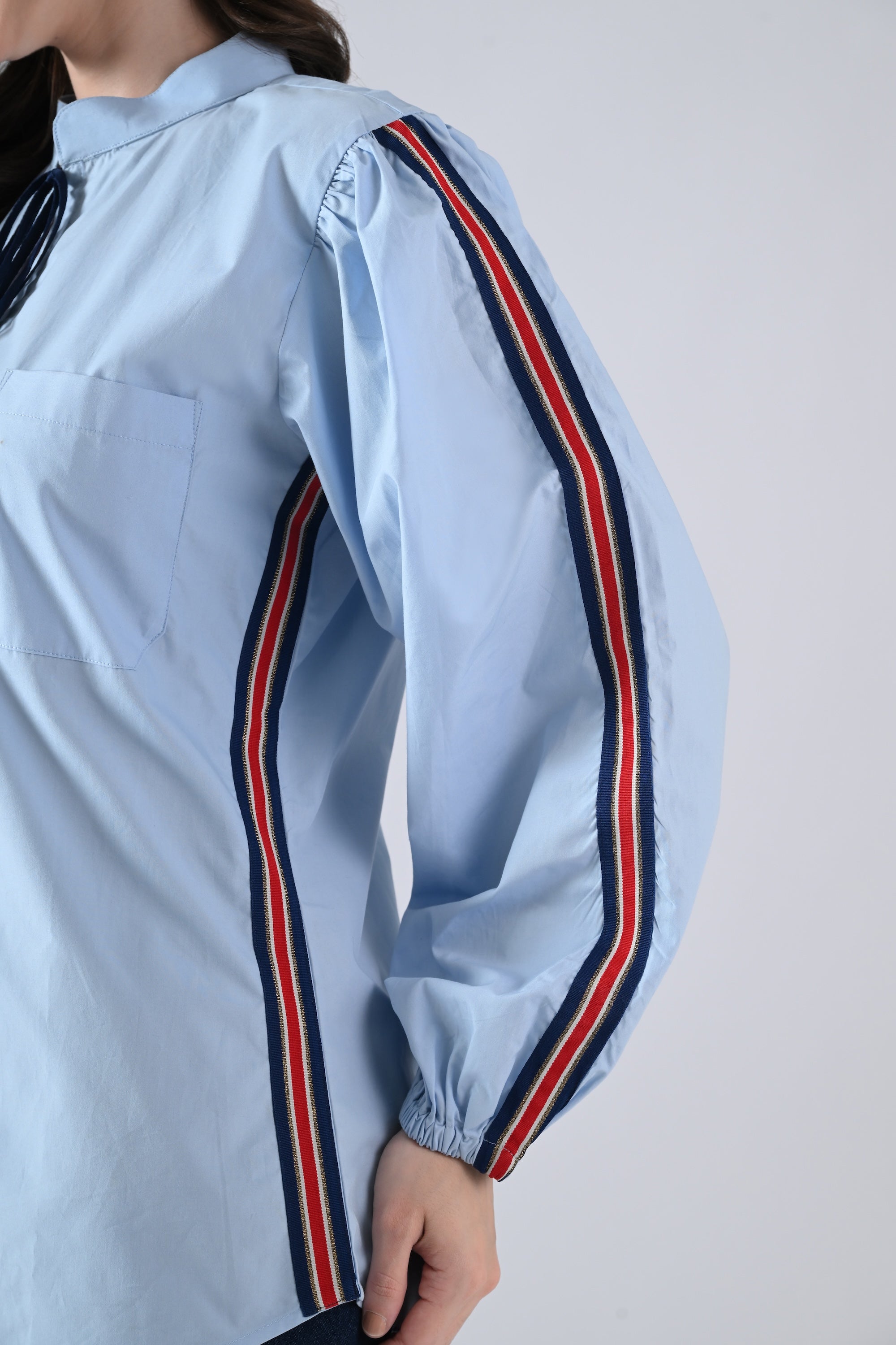 Light Blue Cotton Shirt with Lace Detailing on Sleeves and Tie Strings Front Closure