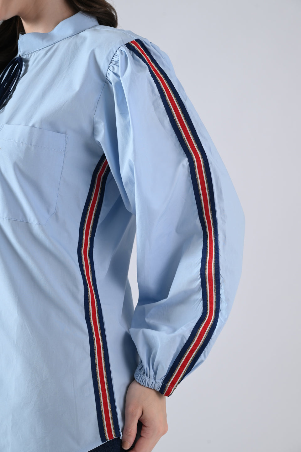 Light Blue Cotton Shirt with Lace Detailing on Sleeves and Tie Strings Front Closure