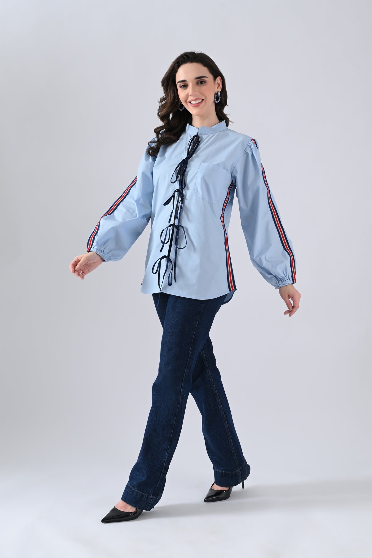 Light Blue Cotton Shirt with Lace Detailing on Sleeves and Tie Strings Front Closure