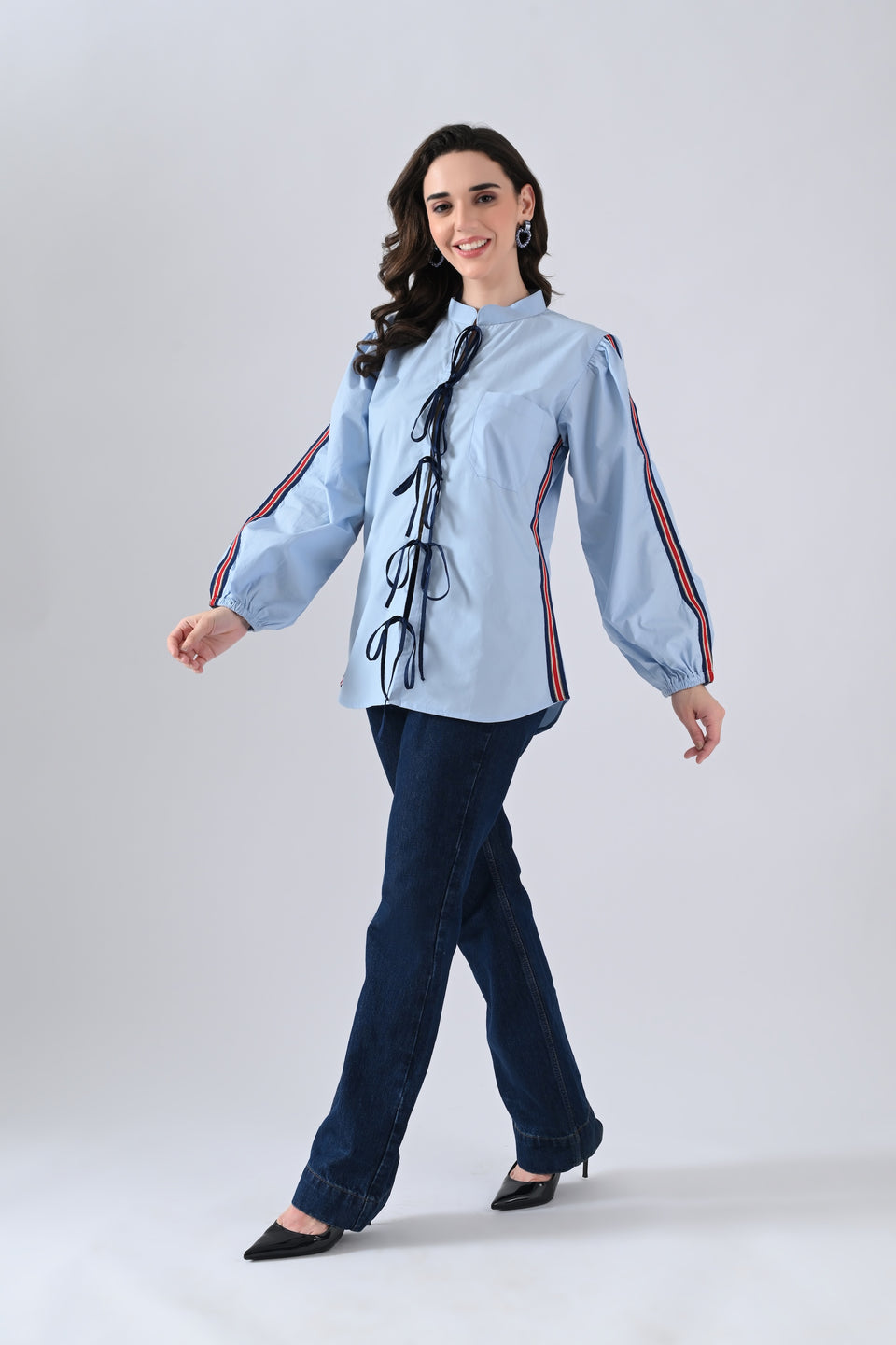 Light Blue Cotton Shirt with Lace Detailing on Sleeves and Tie Strings Front Closure