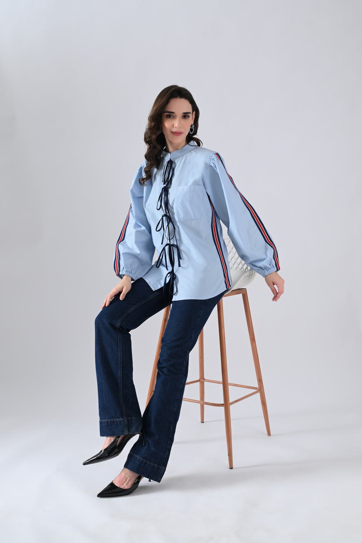 Light Blue Cotton Shirt with Lace Detailing on Sleeves and Tie Strings Front Closure