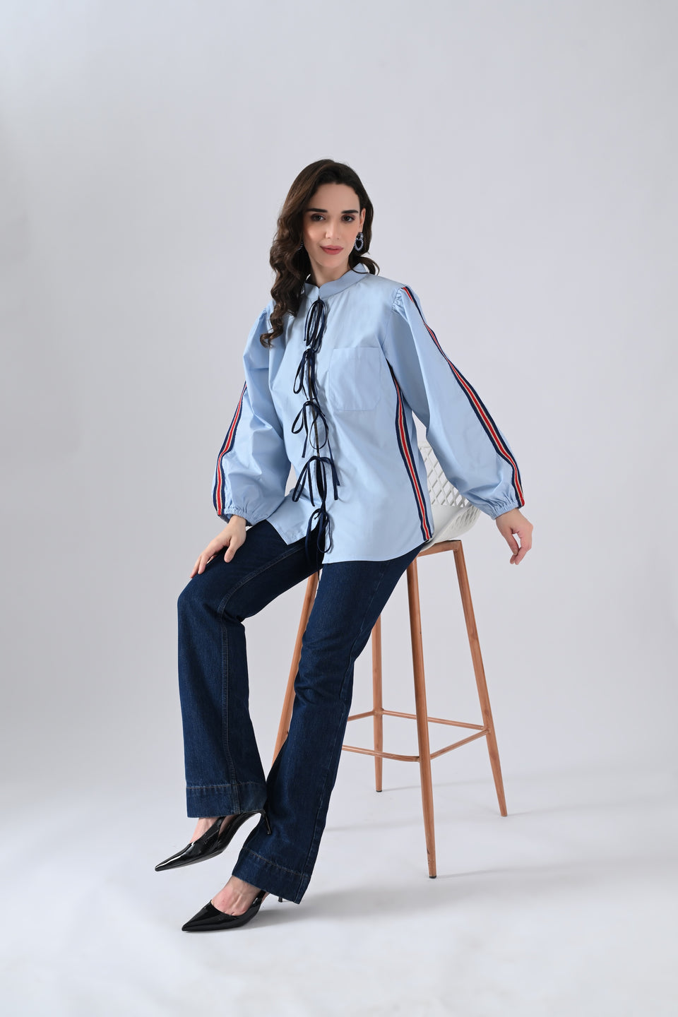 Light Blue Cotton Shirt with Lace Detailing on Sleeves and Tie Strings Front Closure