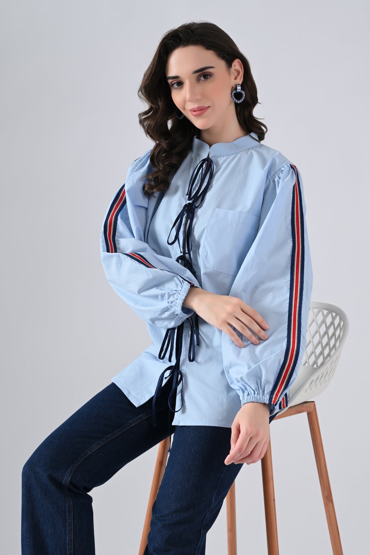 Light Blue Cotton Shirt with Lace Detailing on Sleeves and Tie Strings Front Closure