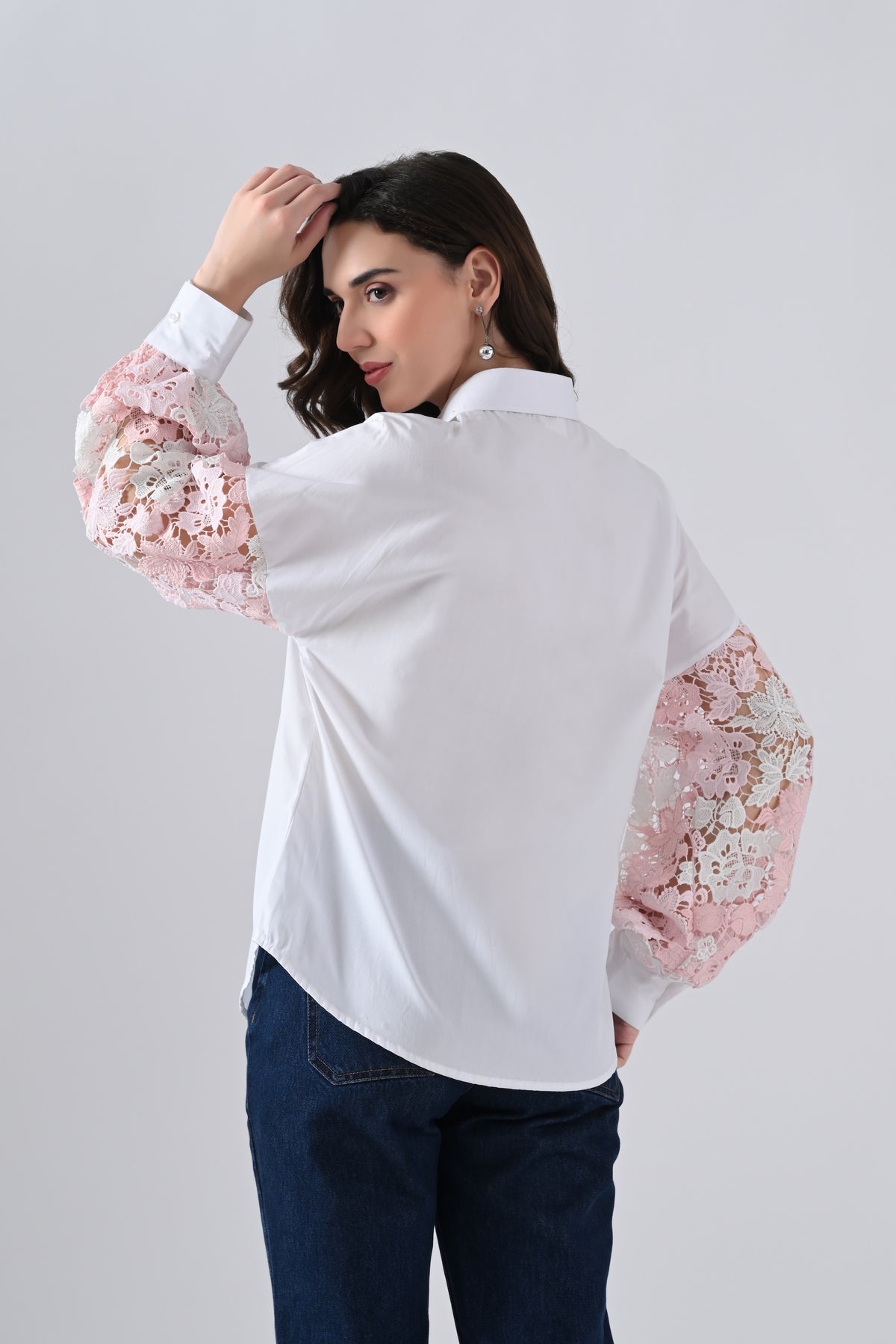 White Cotton Shirt with Pink Floral Lace Sleeves