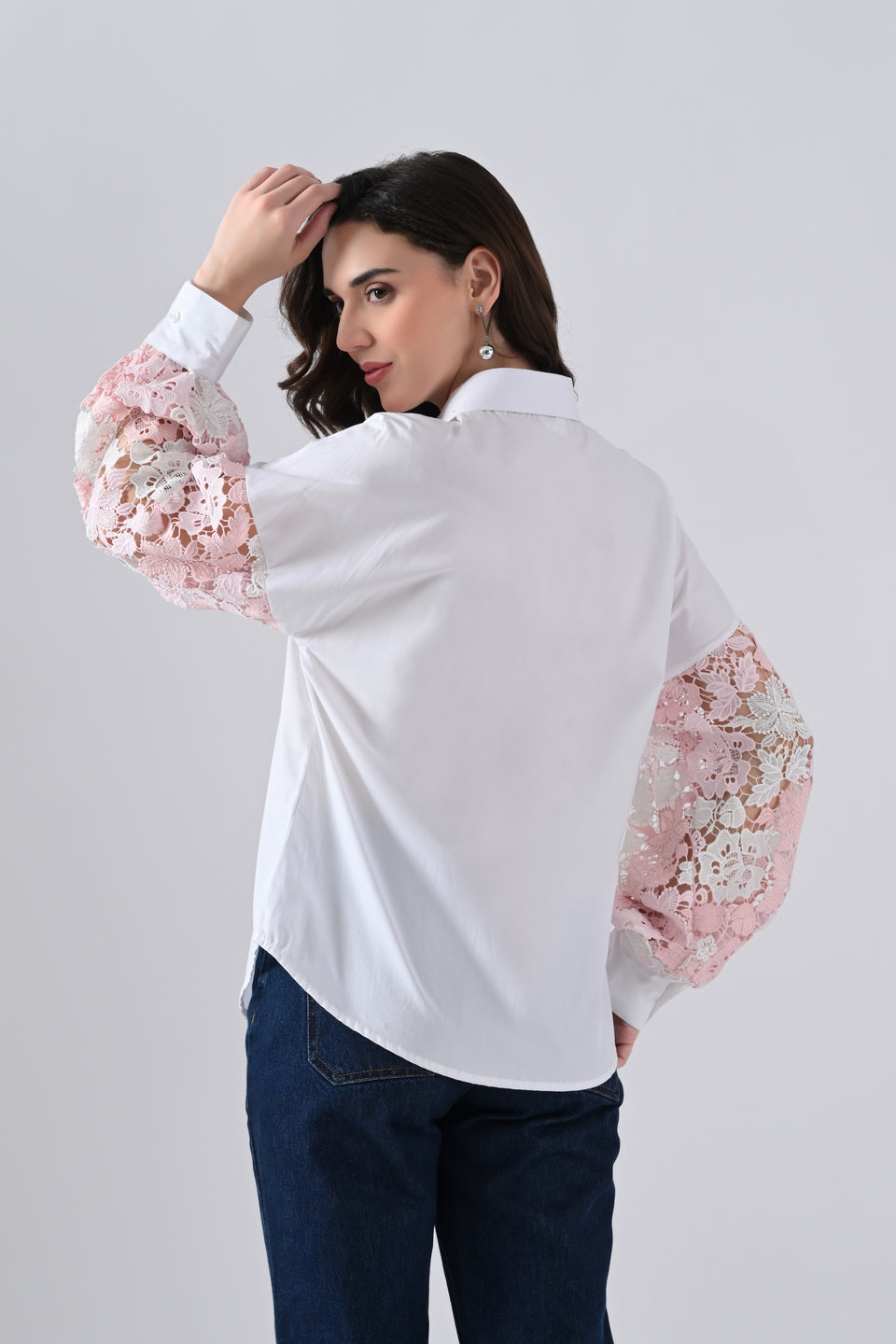 White Cotton Shirt with Pink Floral Lace Sleeves