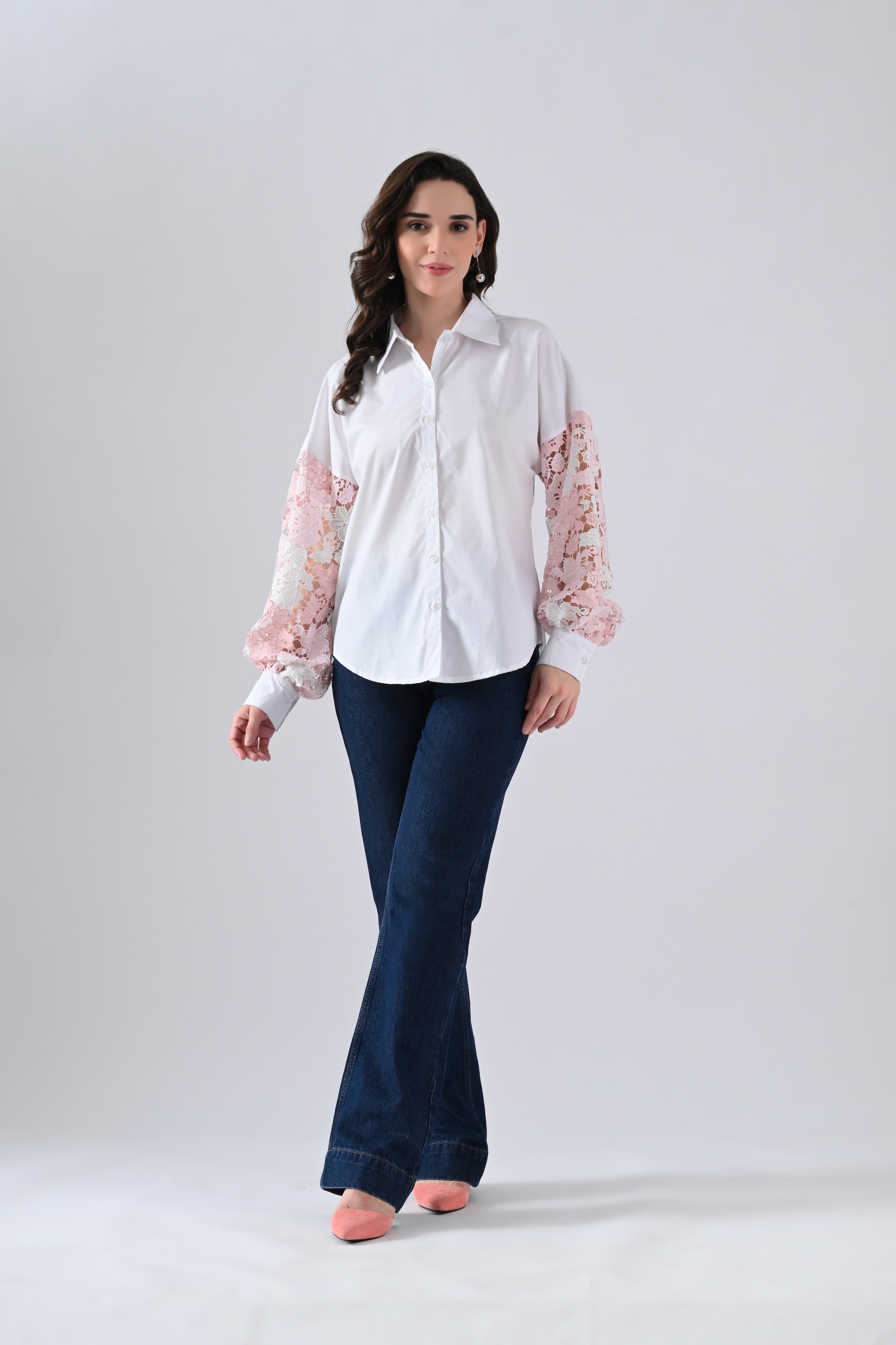 White Cotton Shirt with Pink Floral Lace Sleeves
