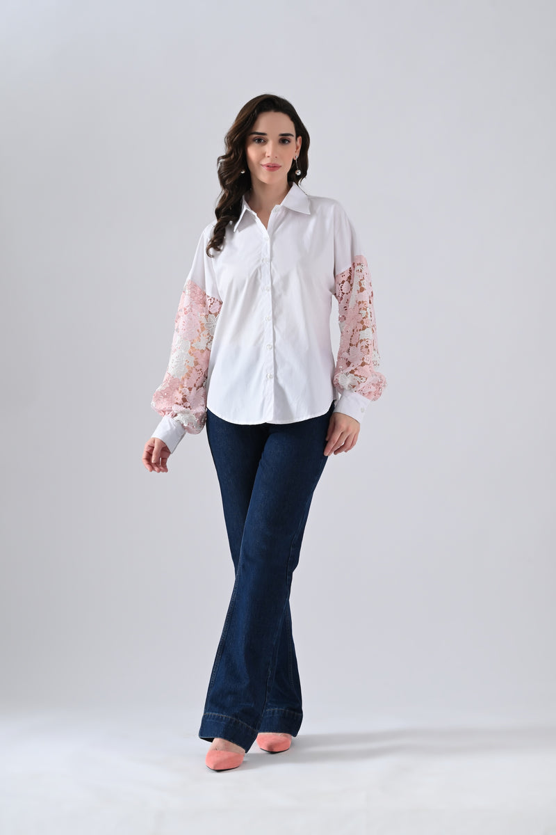 White Cotton Shirt with Pink Floral Lace Sleeves