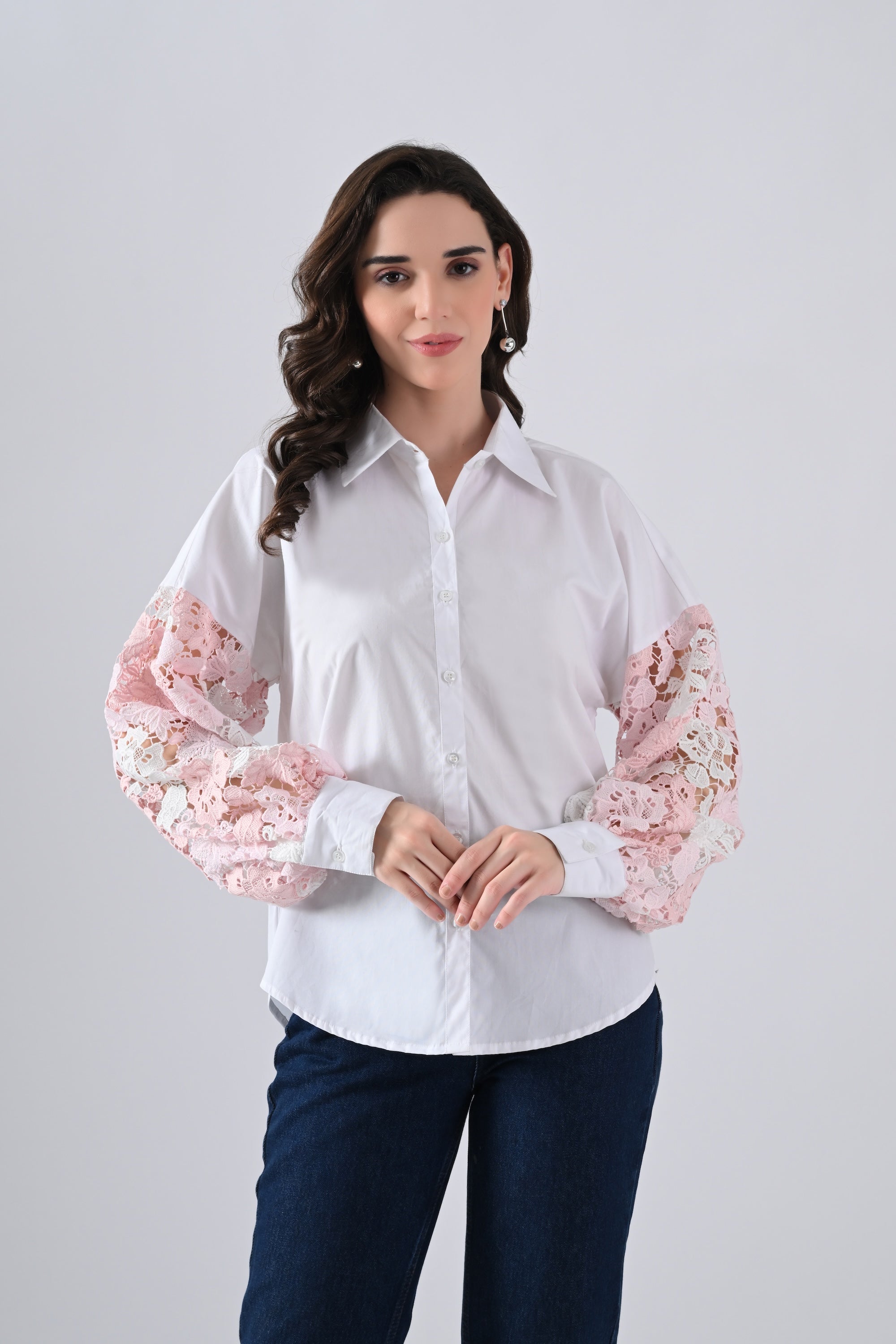 White Cotton Shirt with Pink Floral Lace Sleeves