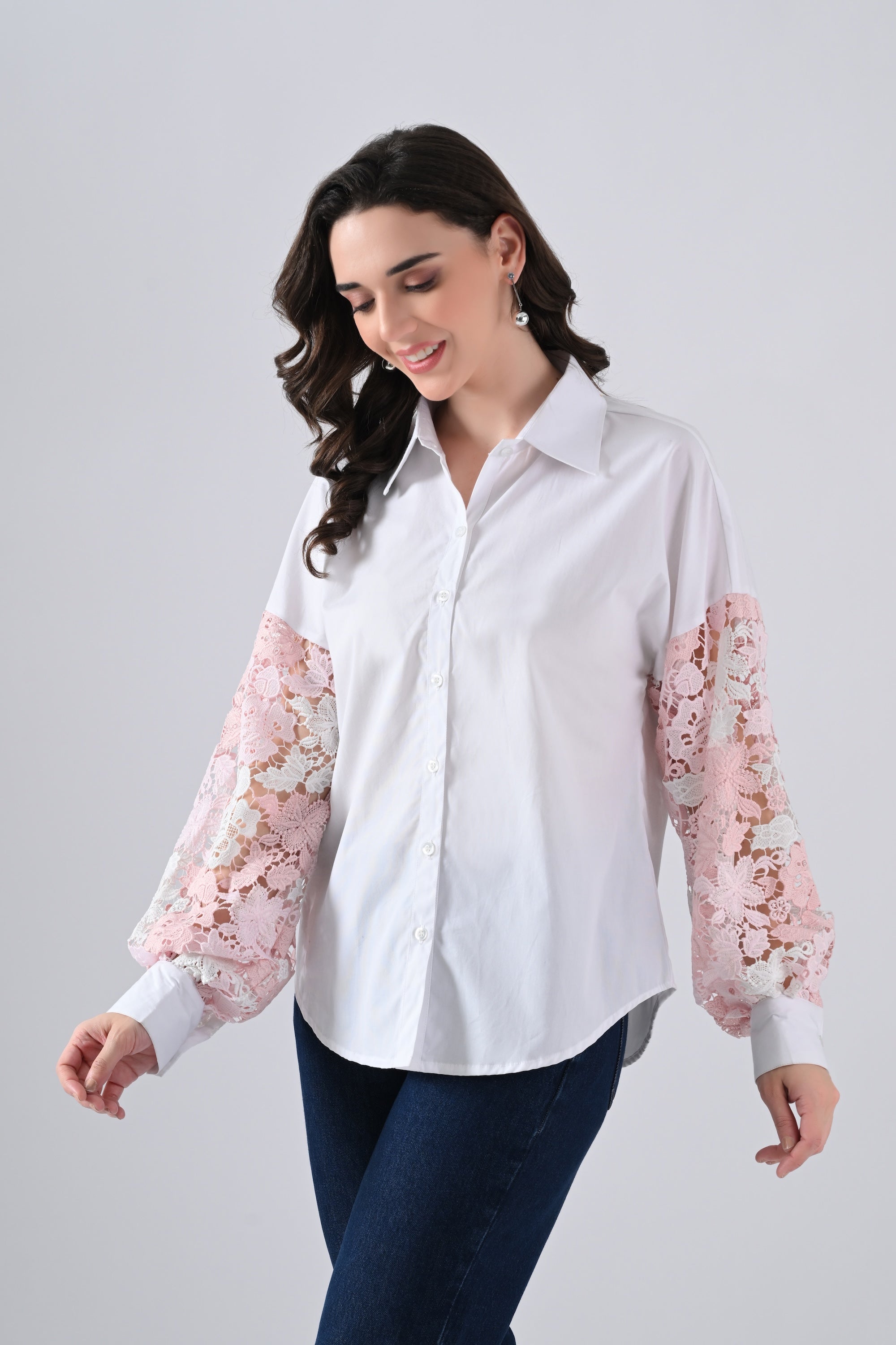 White Cotton Shirt with Pink Floral Lace Sleeves
