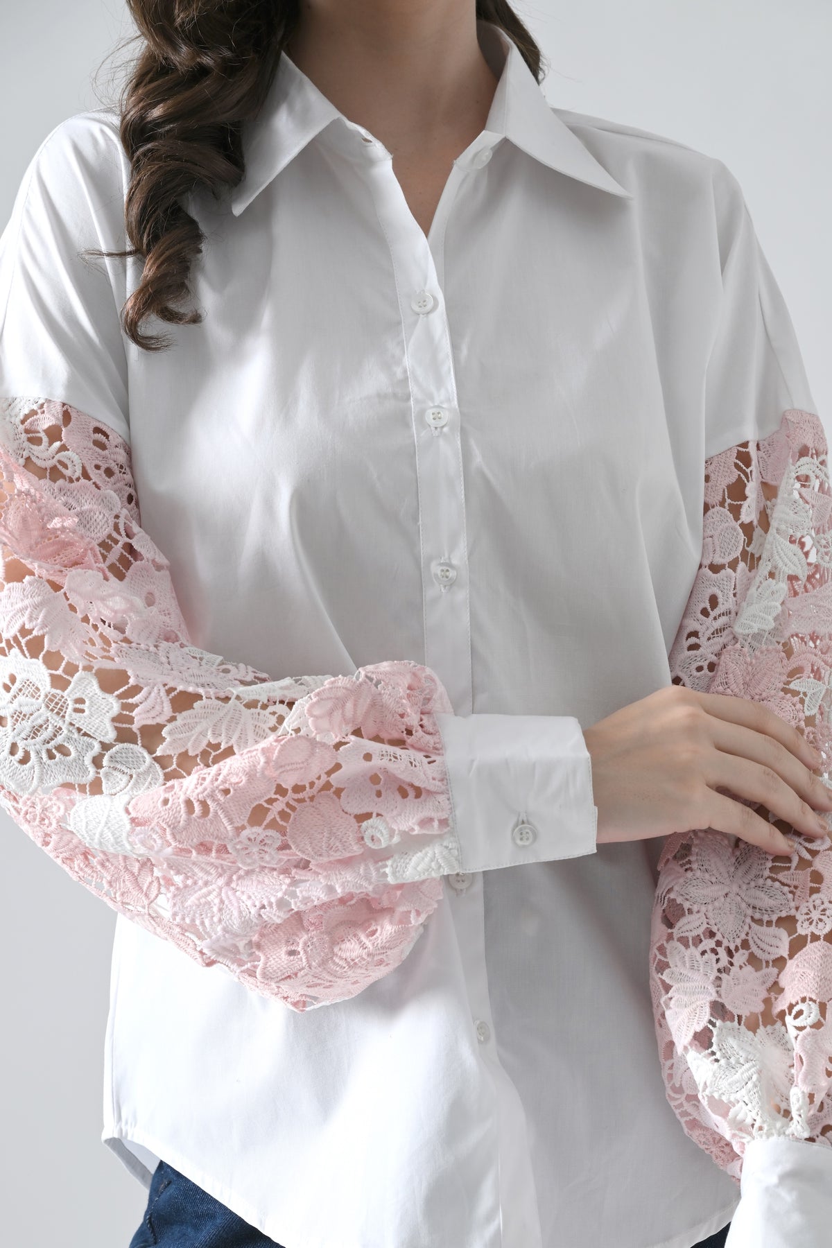 White Cotton Shirt with Pink Floral Lace Sleeves
