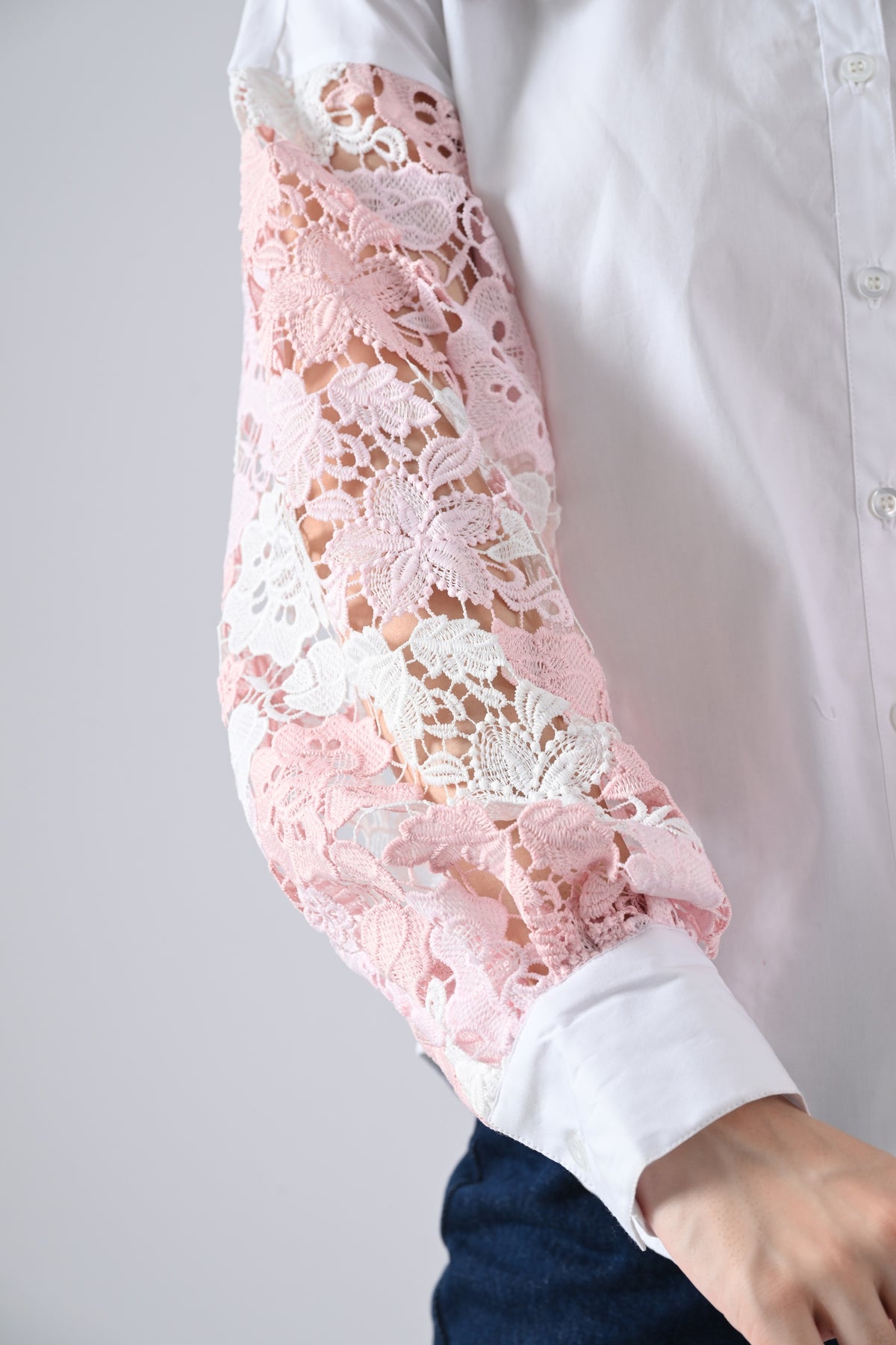 White Cotton Shirt with Pink Floral Lace Sleeves