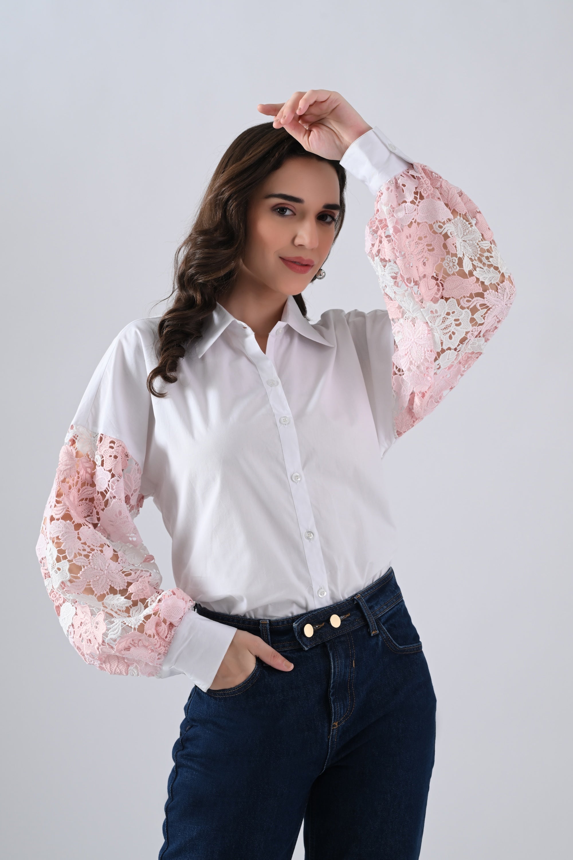White Cotton Shirt with Pink Floral Lace Sleeves