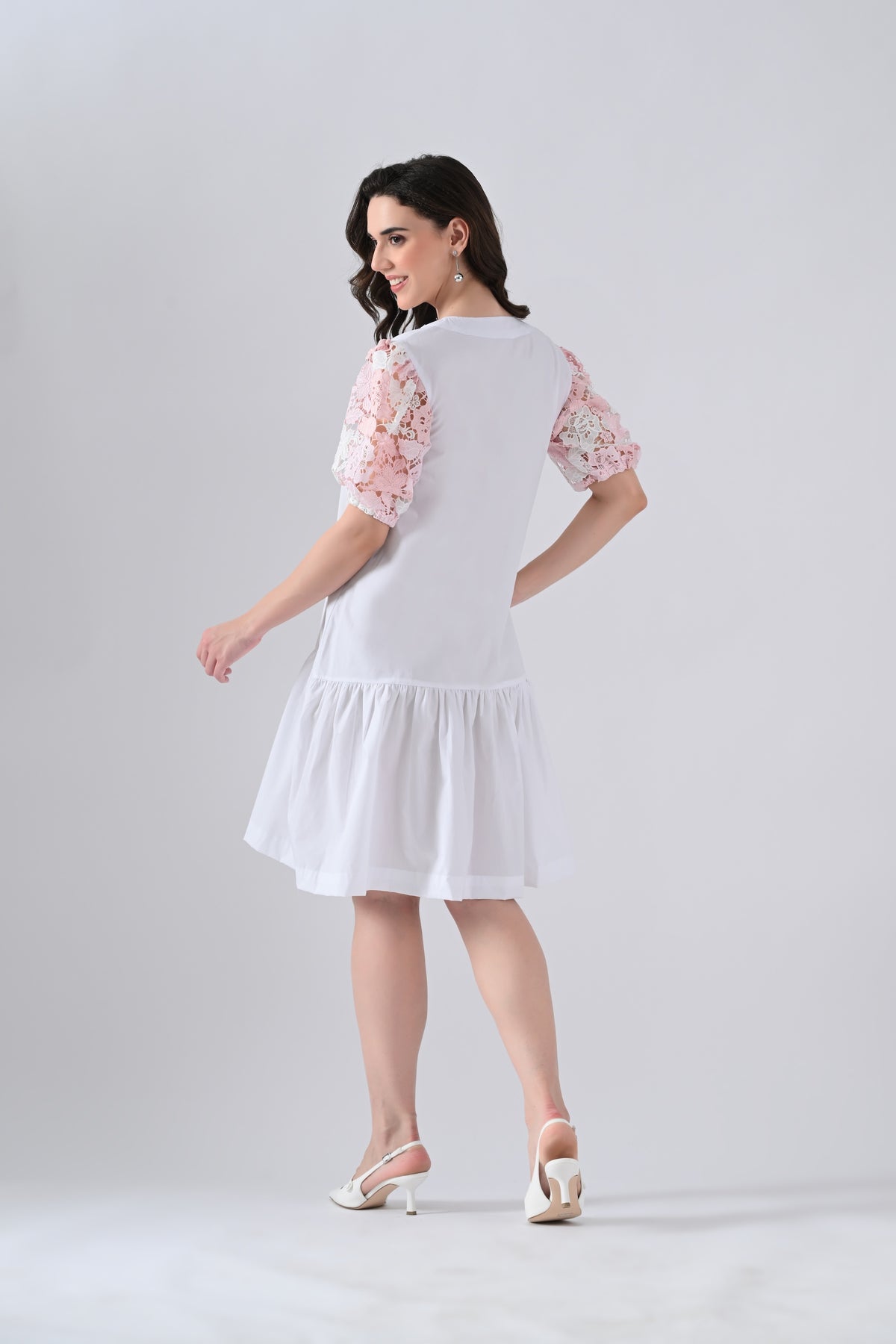 White Cotton Dress with Tie Strings and Pink Lace Sleeves