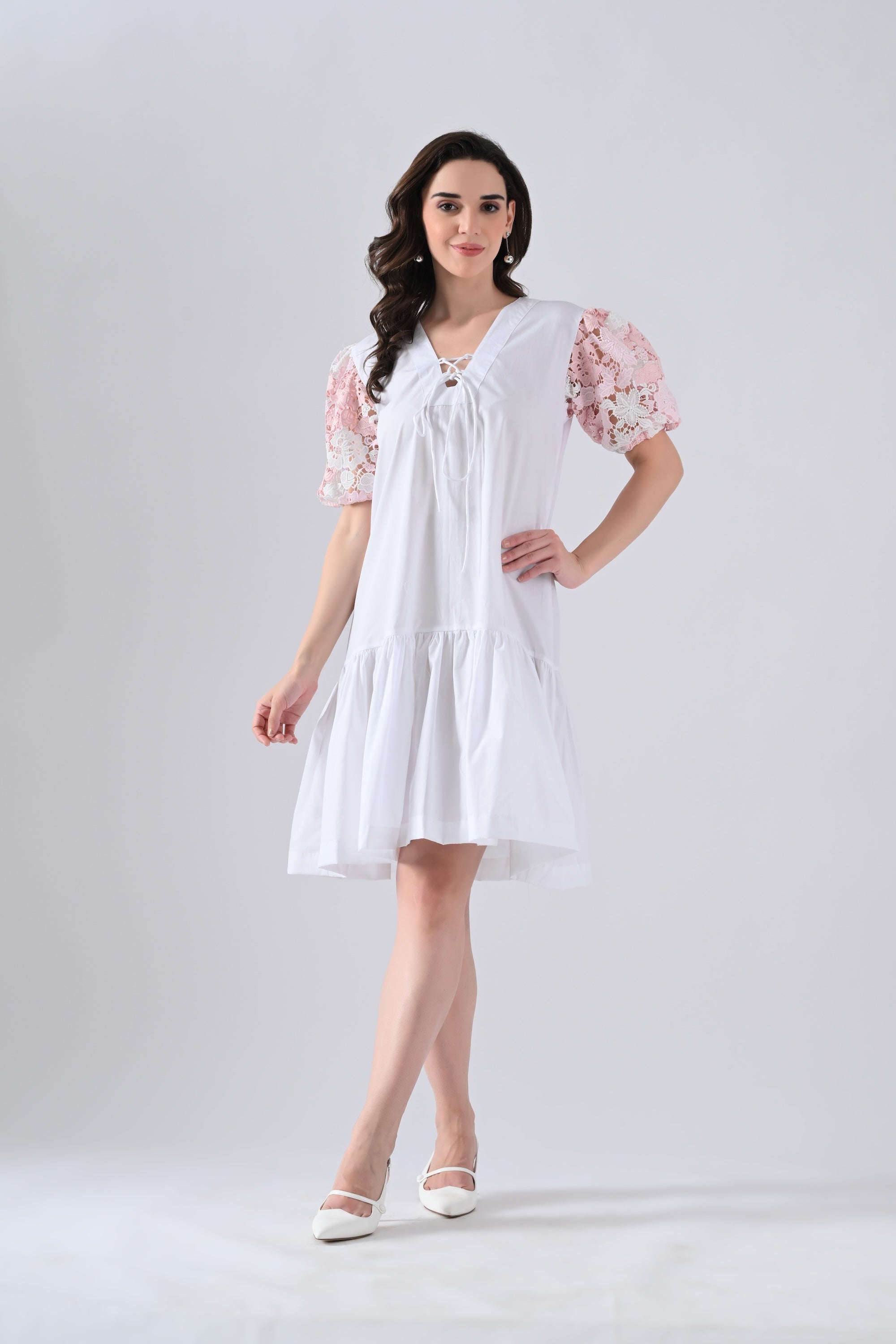 White Cotton Dress with Tie Strings and Pink Lace Sleeves
