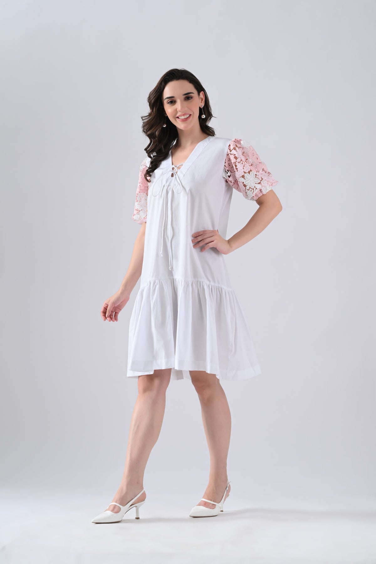 White Cotton Dress with Tie Strings and Pink Lace Sleeves
