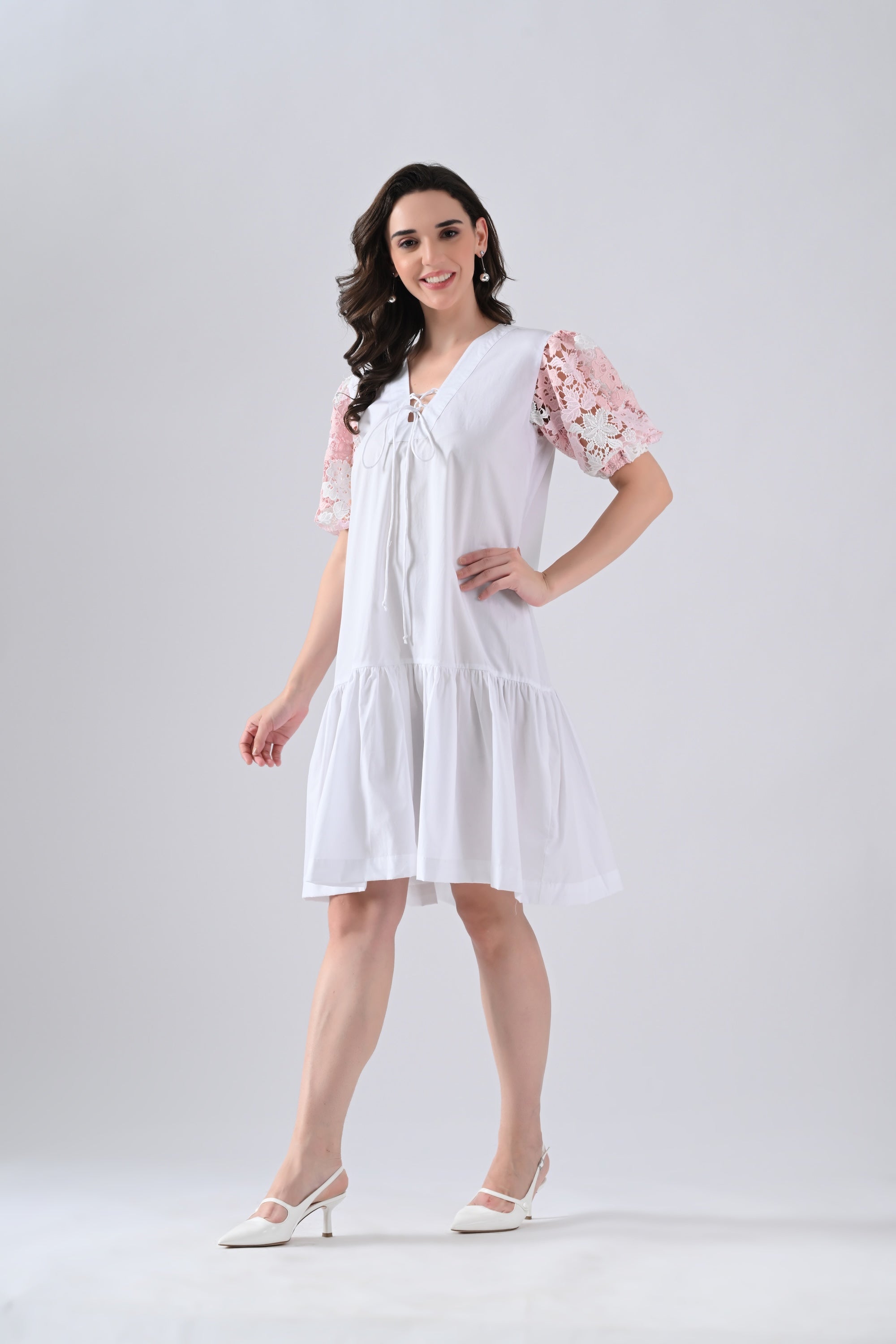 White Cotton Dress with Tie Strings and Pink Lace Sleeves