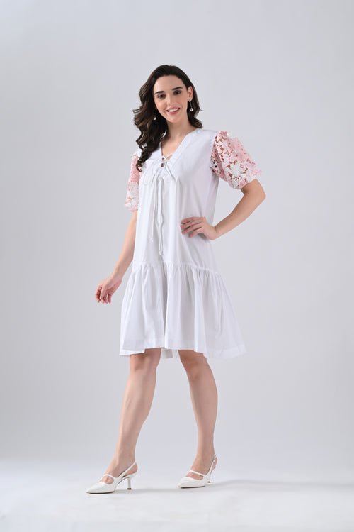 White Cotton Dress with Tie Strings and Pink Lace Sleeves