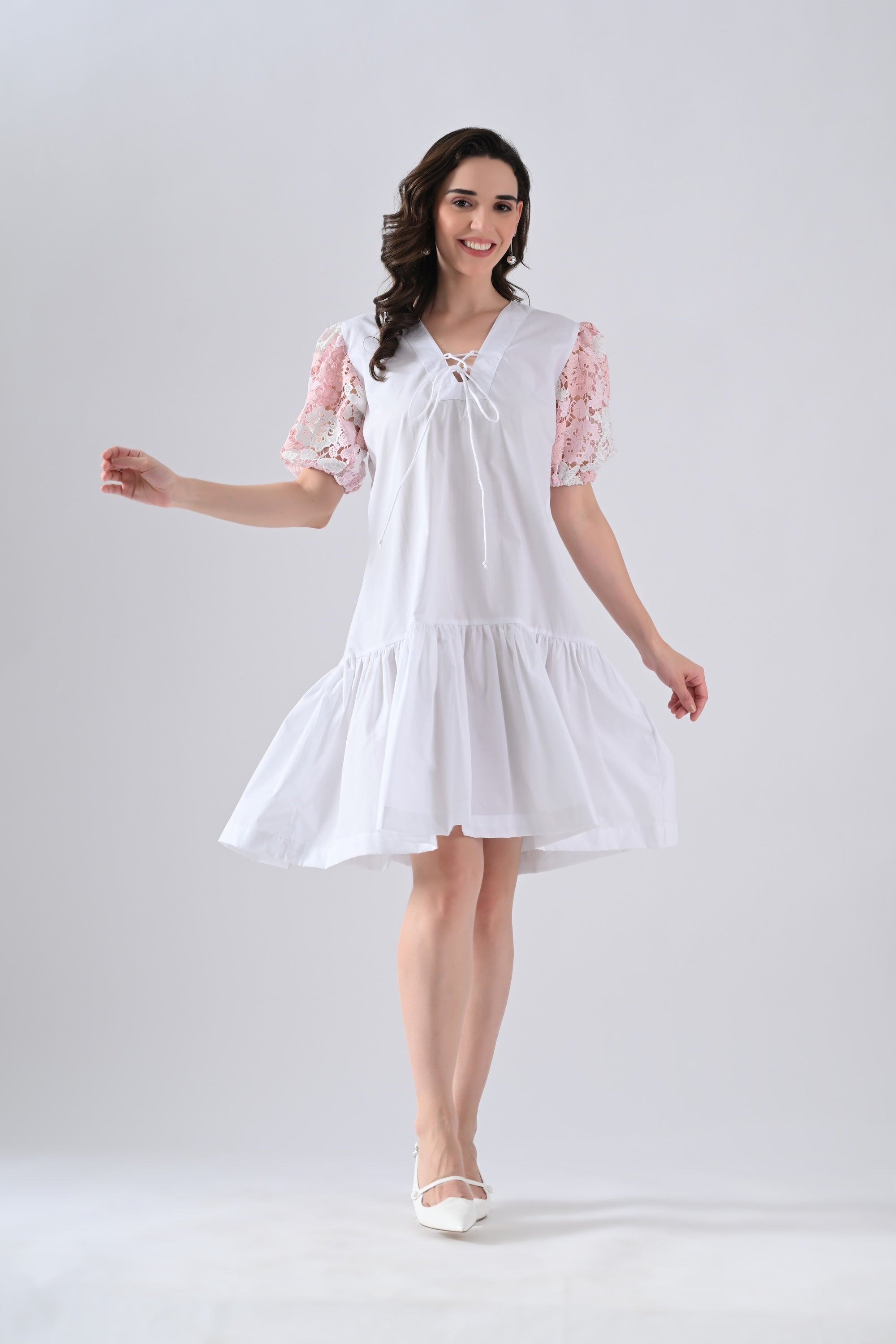 White Cotton Dress with Tie Strings and Pink Lace Sleeves