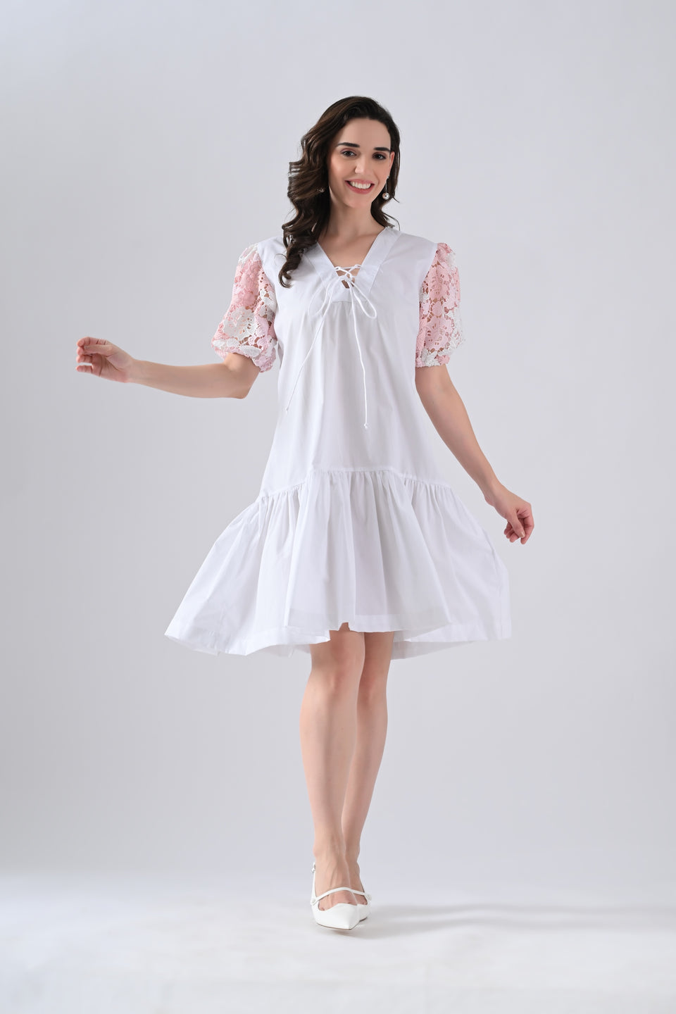 White Cotton Dress with Tie Strings and Pink Lace Sleeves
