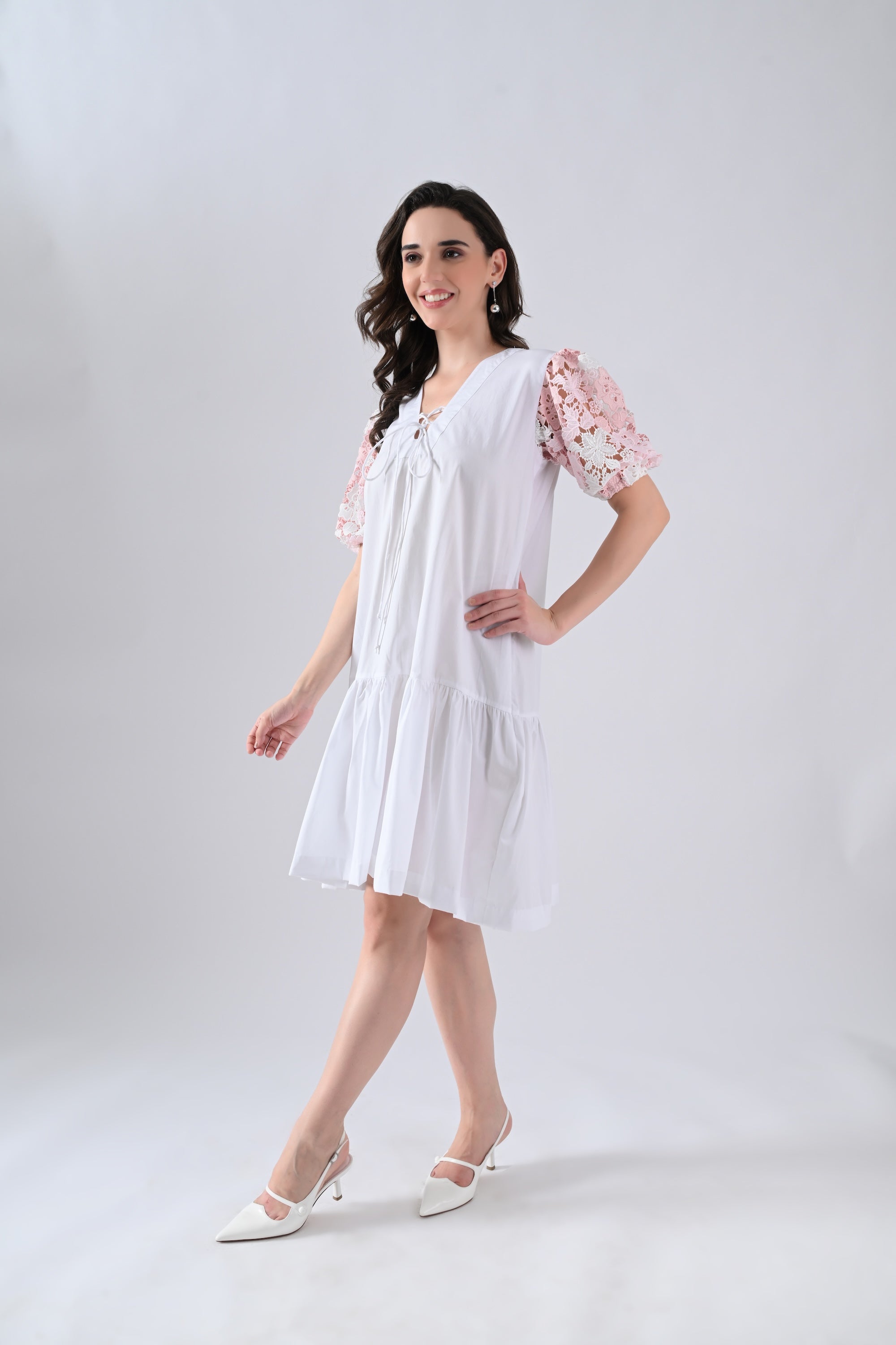 White Cotton Dress with Tie Strings and Pink Lace Sleeves