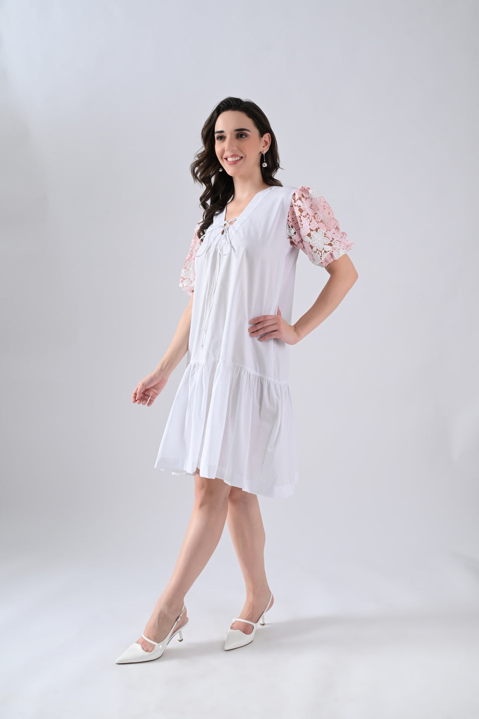 White Cotton Dress with Tie Strings and Pink Lace Sleeves