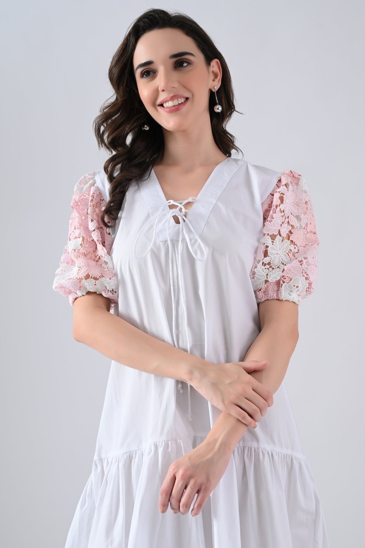 White Cotton Dress with Tie Strings and Pink Lace Sleeves