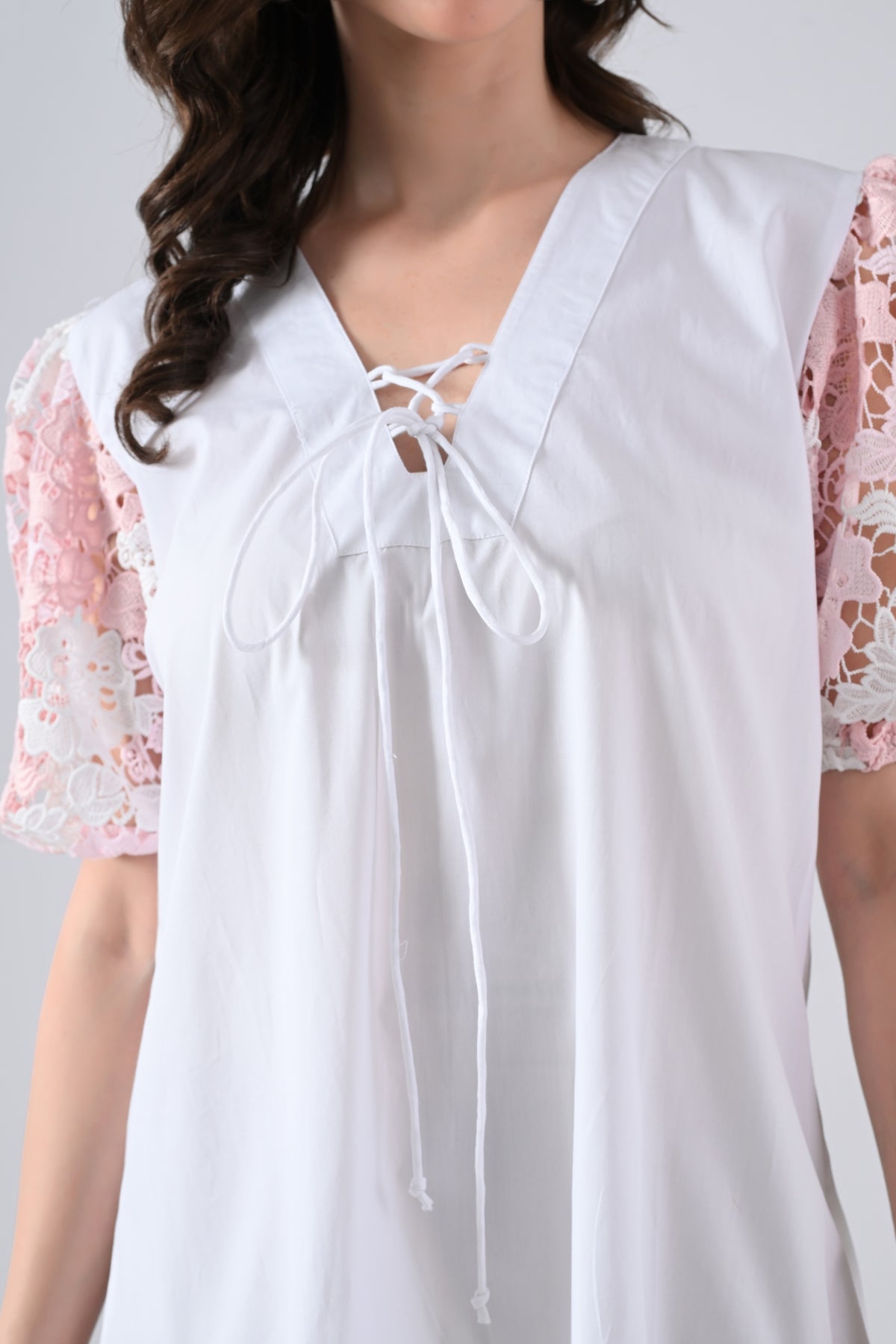 White Cotton Dress with Tie Strings and Pink Lace Sleeves