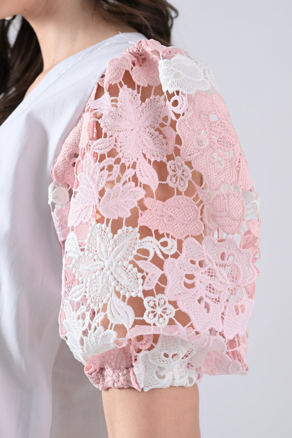 White Cotton Dress with Tie Strings and Pink Lace Sleeves