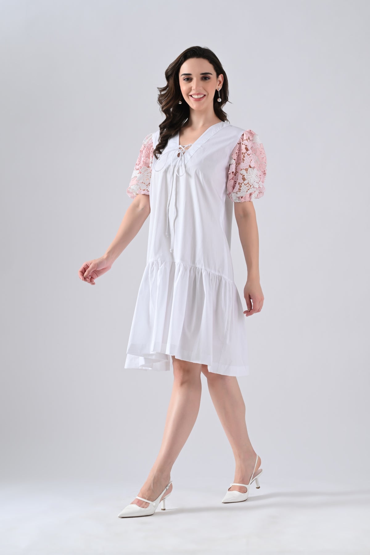 White Cotton Dress with Tie Strings and Pink Lace Sleeves