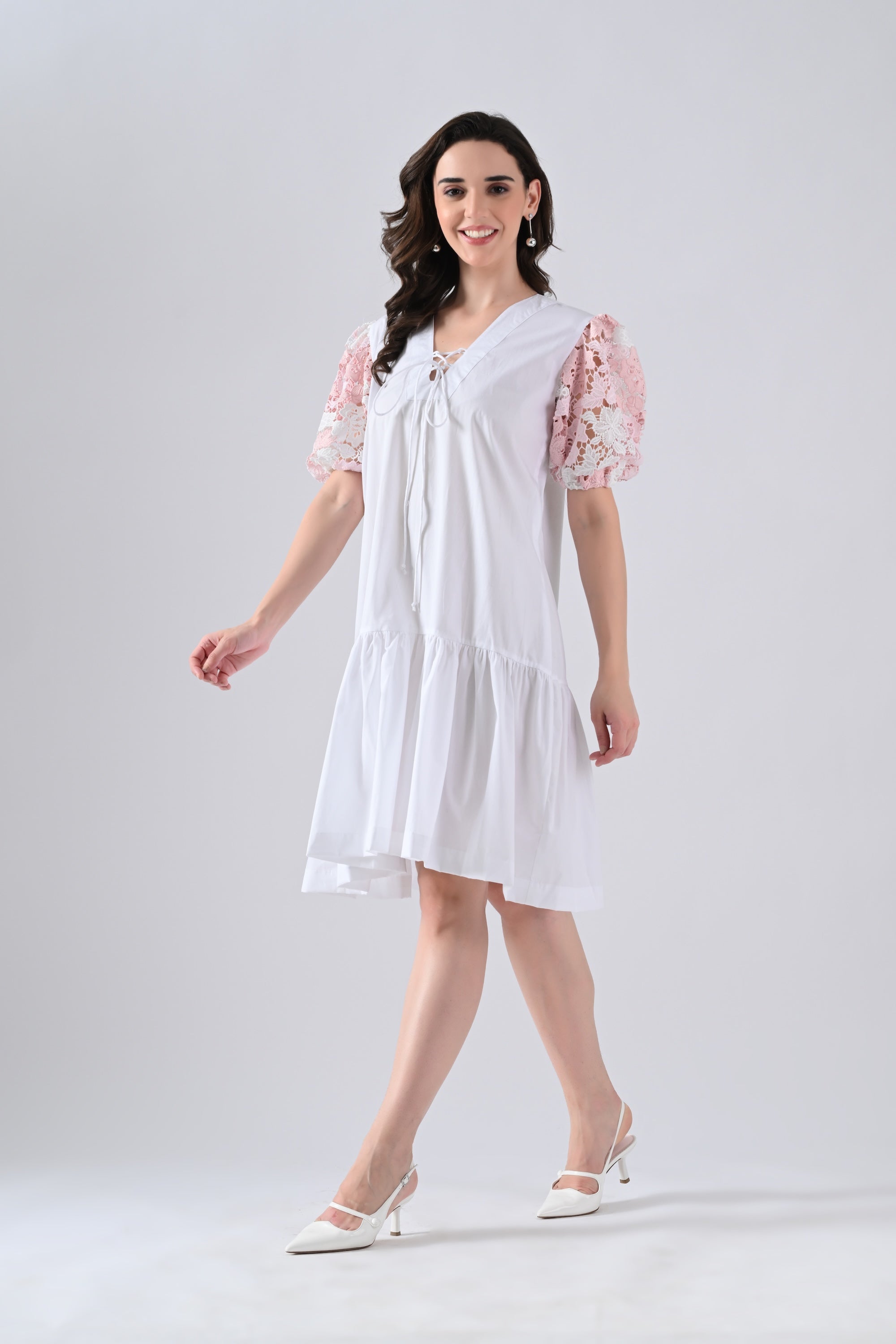 White Cotton Dress with Tie Strings and Pink Lace Sleeves