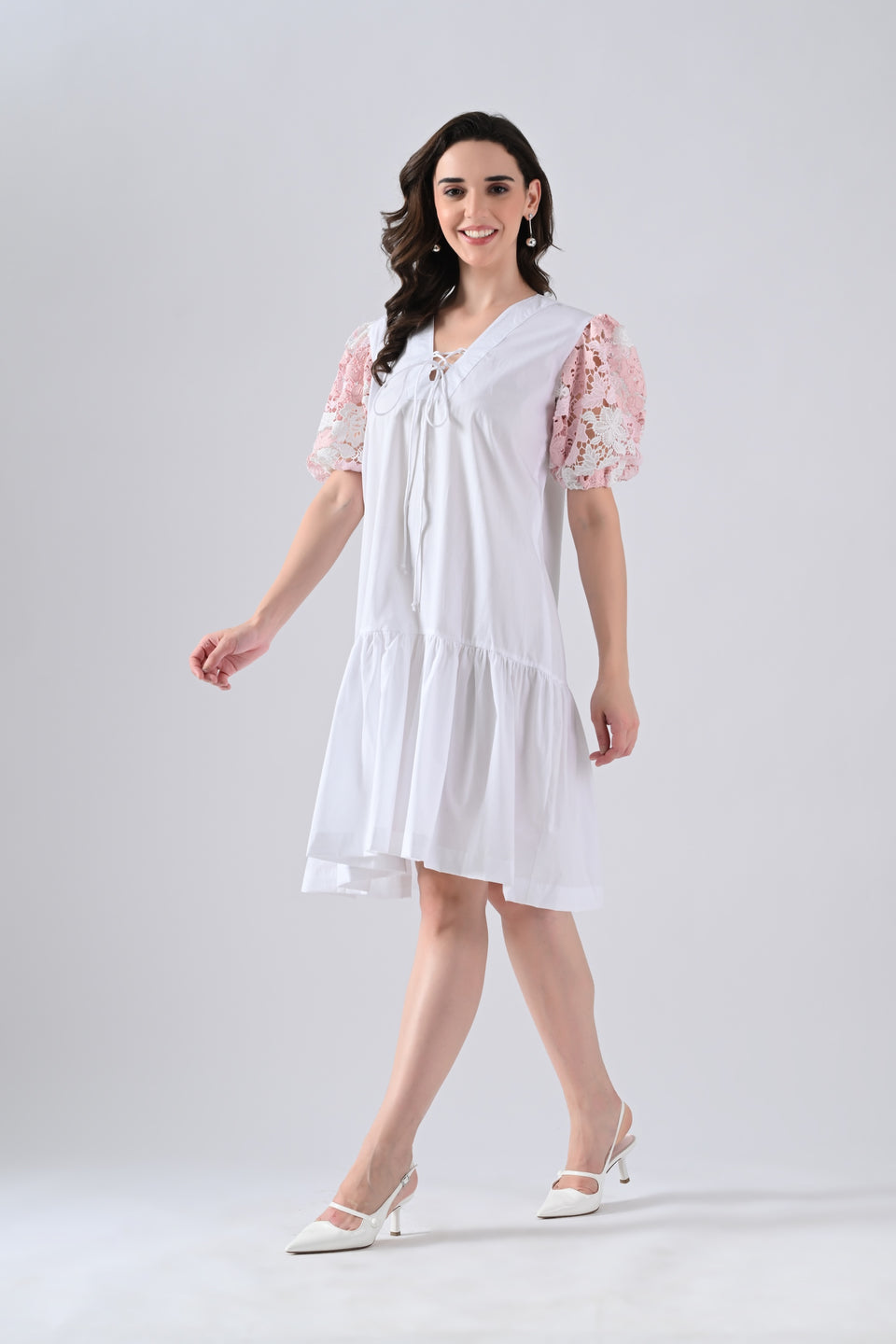 White Cotton Dress with Tie Strings and Pink Lace Sleeves