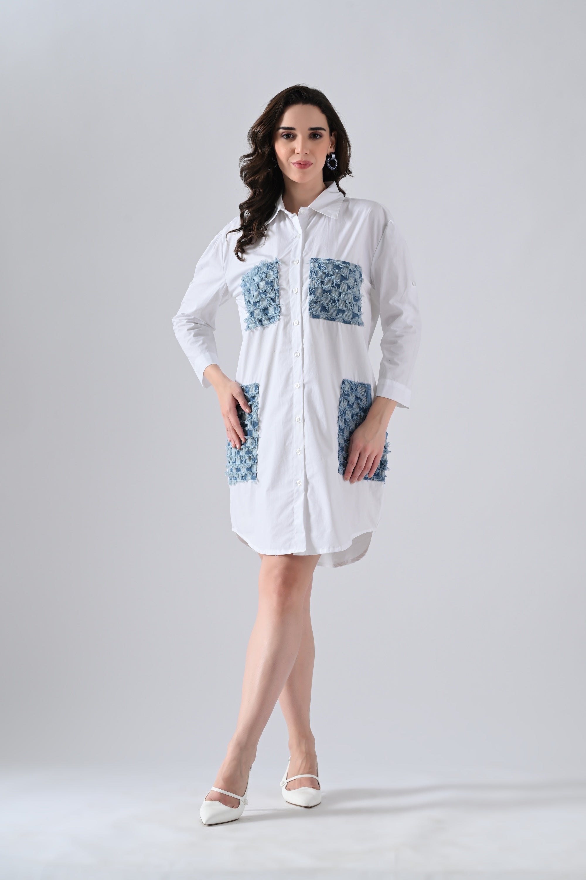White Cotton Shirt Dress with Denim Check Patch Pockets