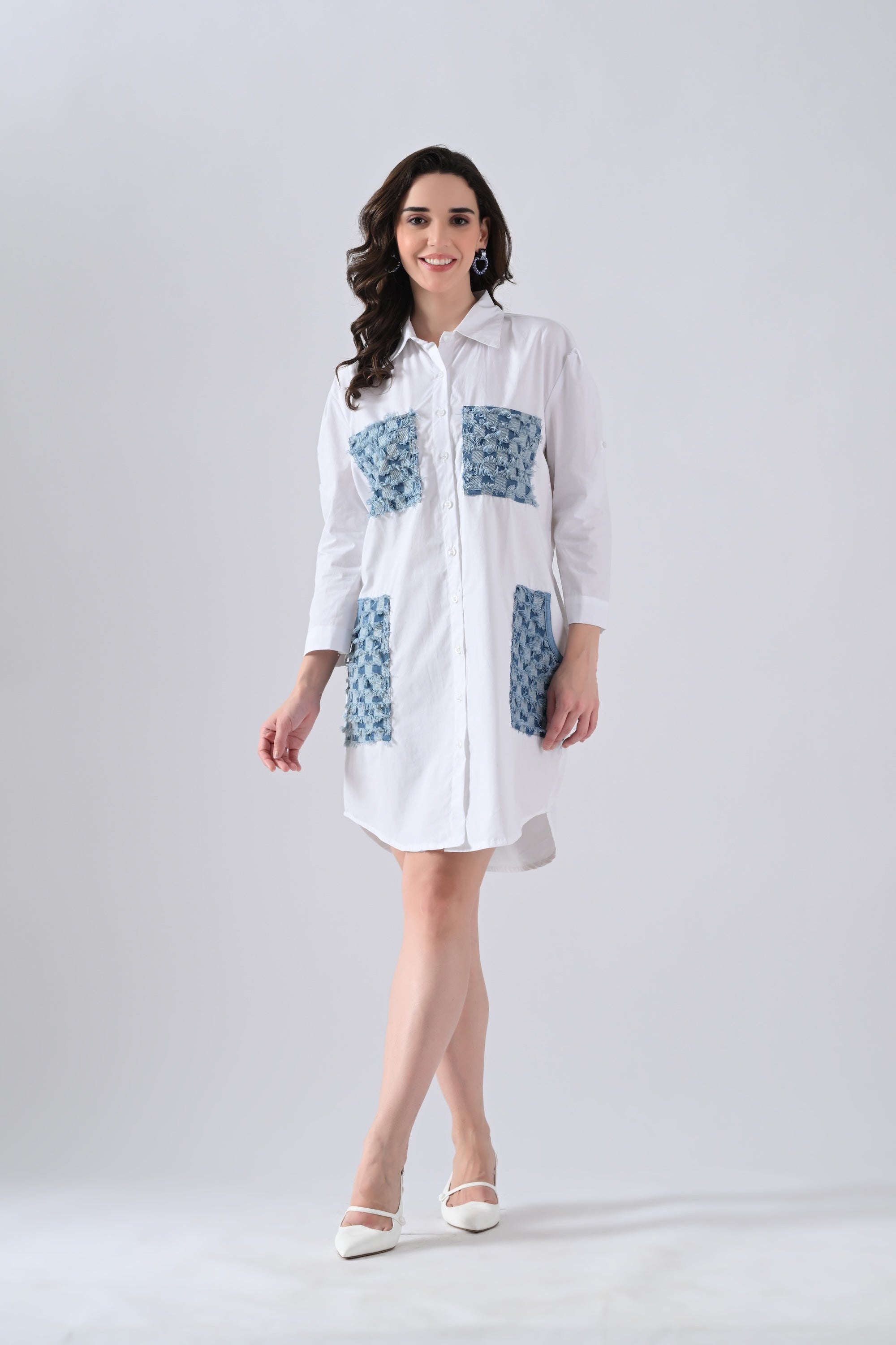 White Cotton Shirt Dress with Denim Check Patch Pockets