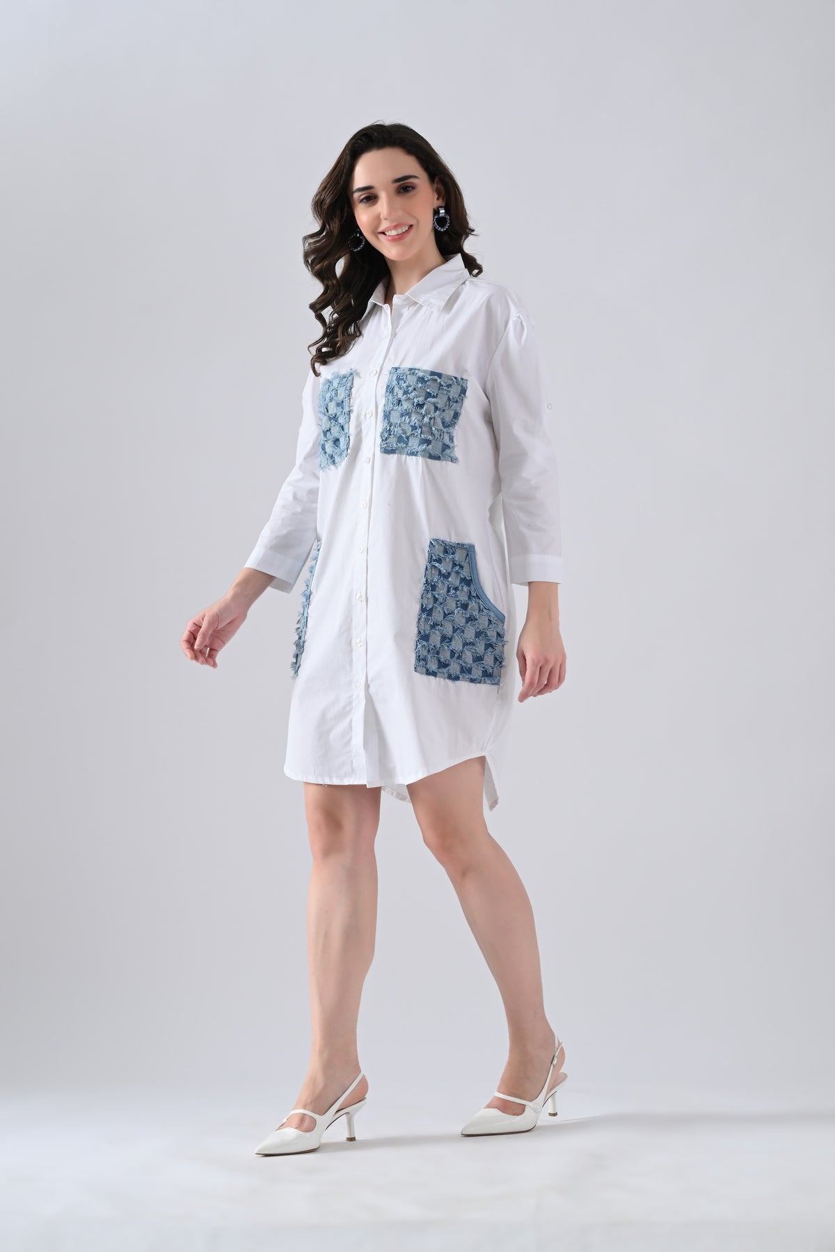 White Cotton Shirt Dress with Denim Check Patch Pockets