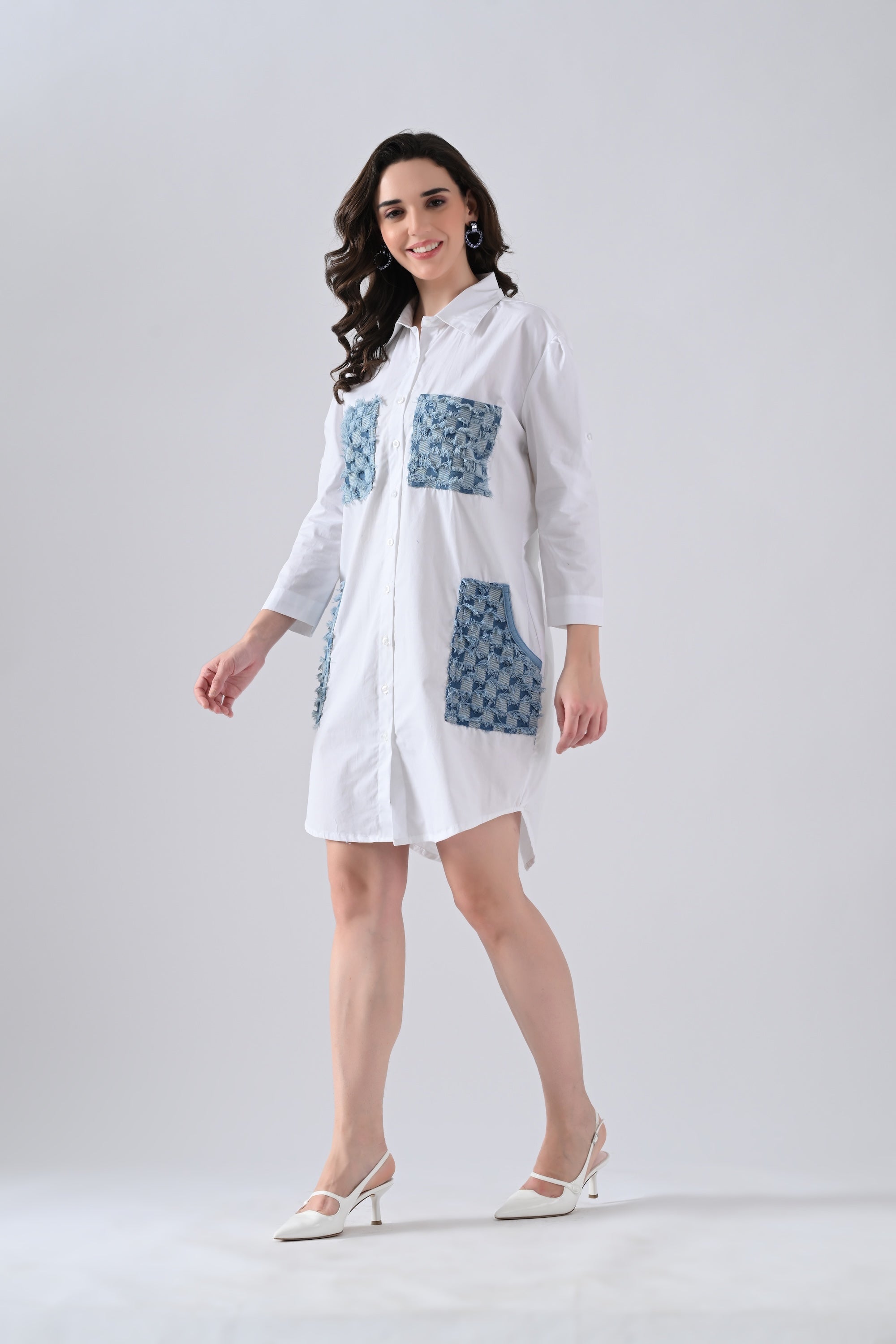 White Cotton Shirt Dress with Denim Check Patch Pockets