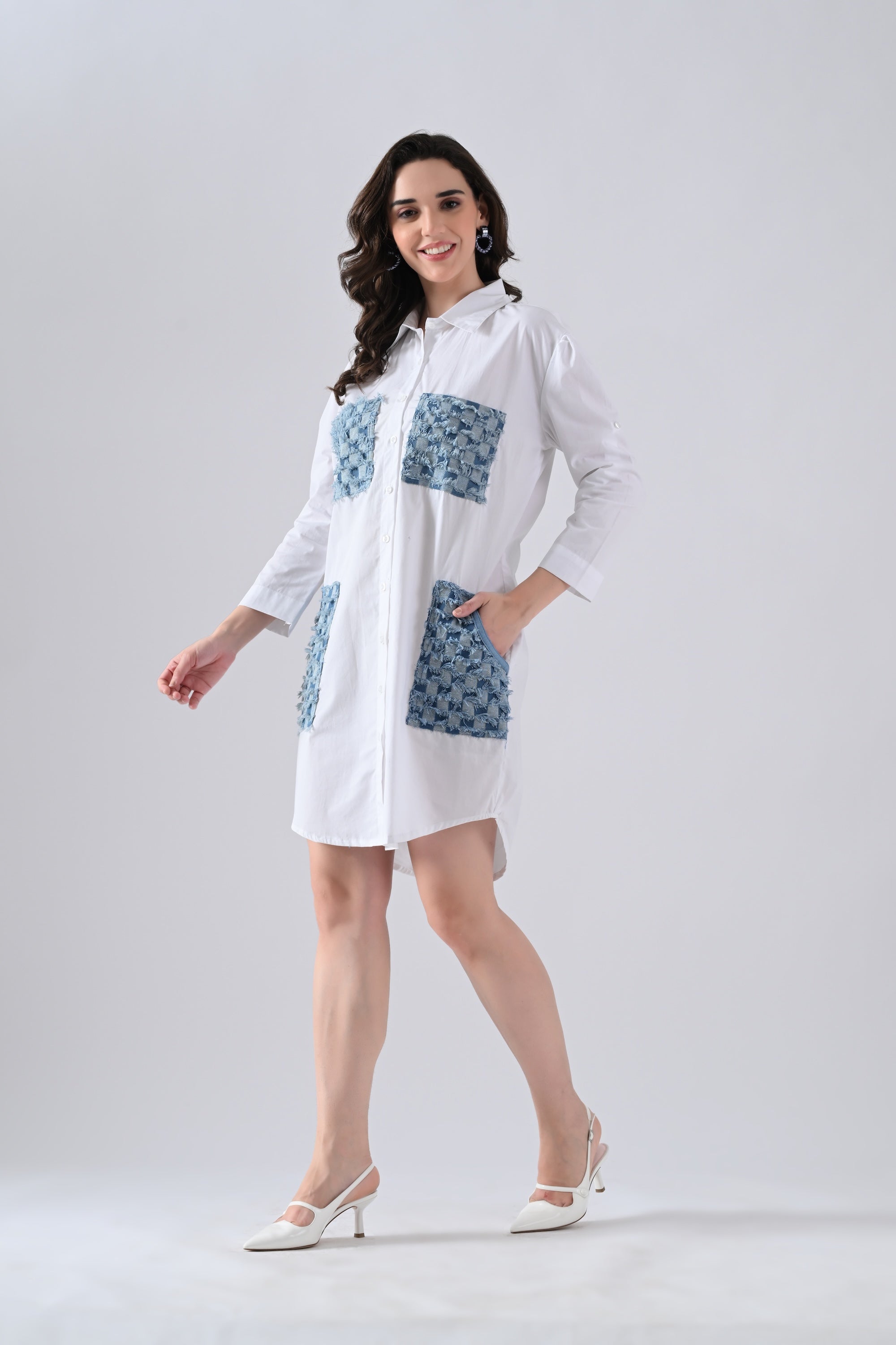 White Cotton Shirt Dress with Denim Check Patch Pockets