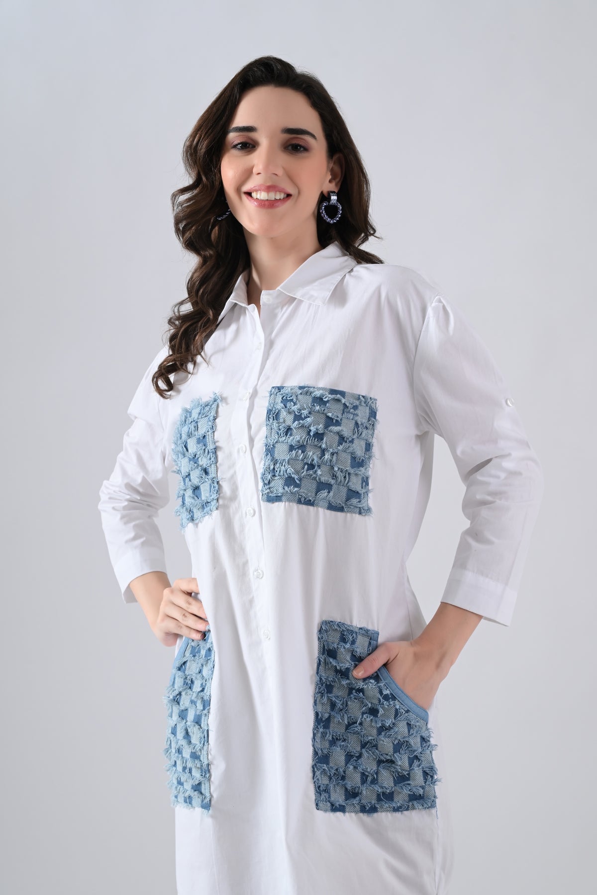 White Cotton Shirt Dress with Denim Check Patch Pockets