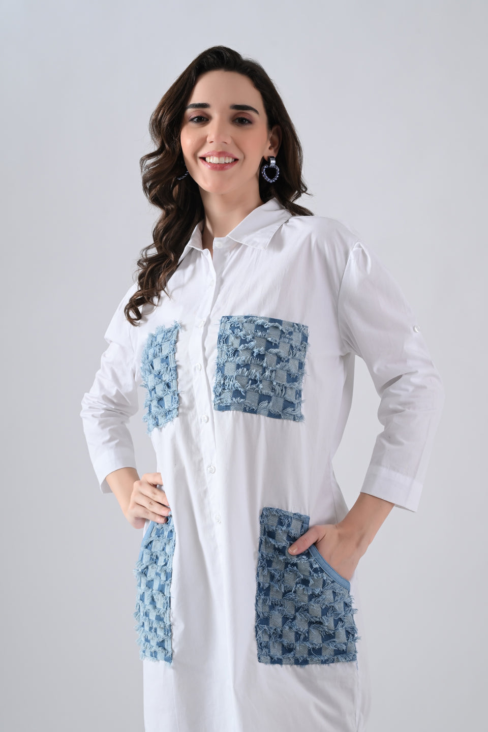 White Cotton Shirt Dress with Denim Check Patch Pockets