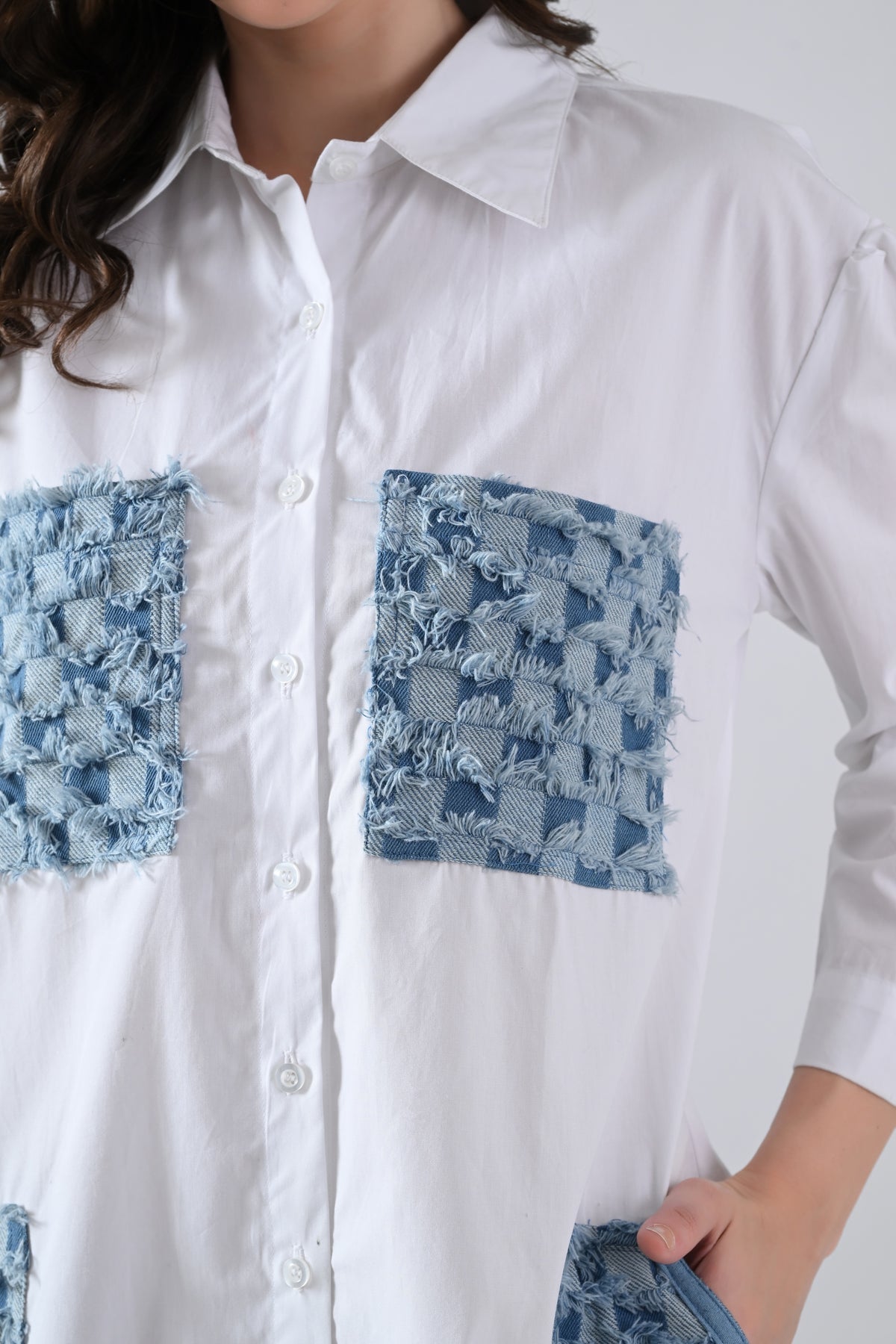 White Cotton Shirt Dress with Denim Check Patch Pockets