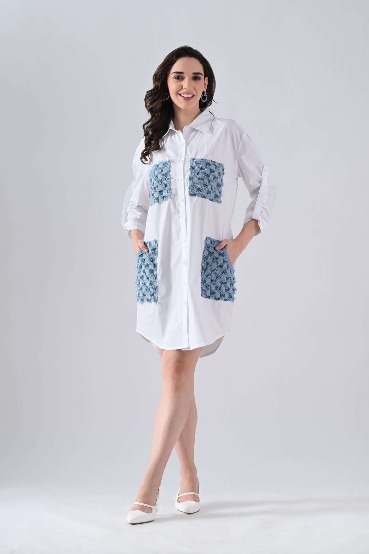 White Cotton Shirt Dress with Denim Check Patch Pockets
