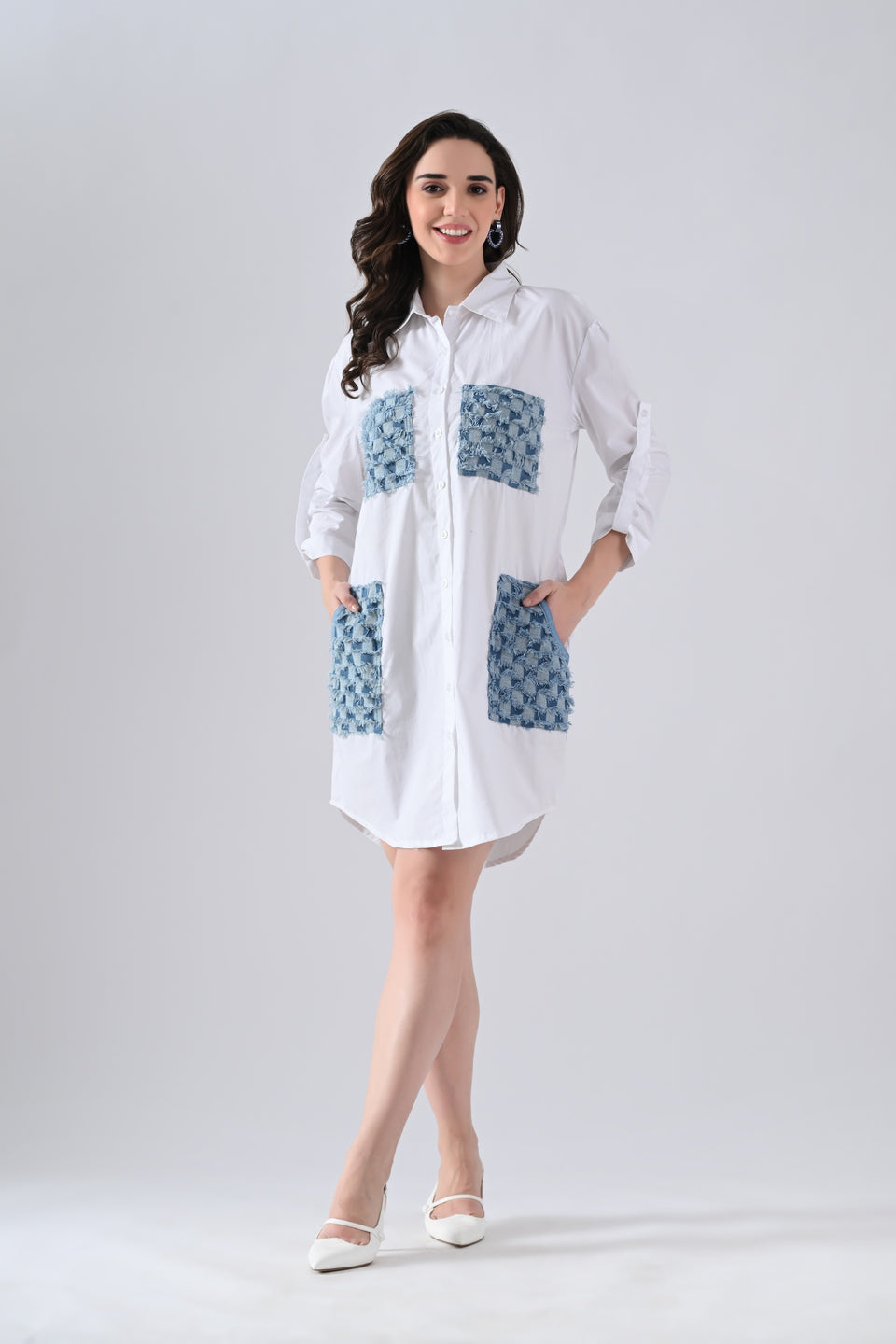 White Cotton Shirt Dress with Denim Check Patch Pockets