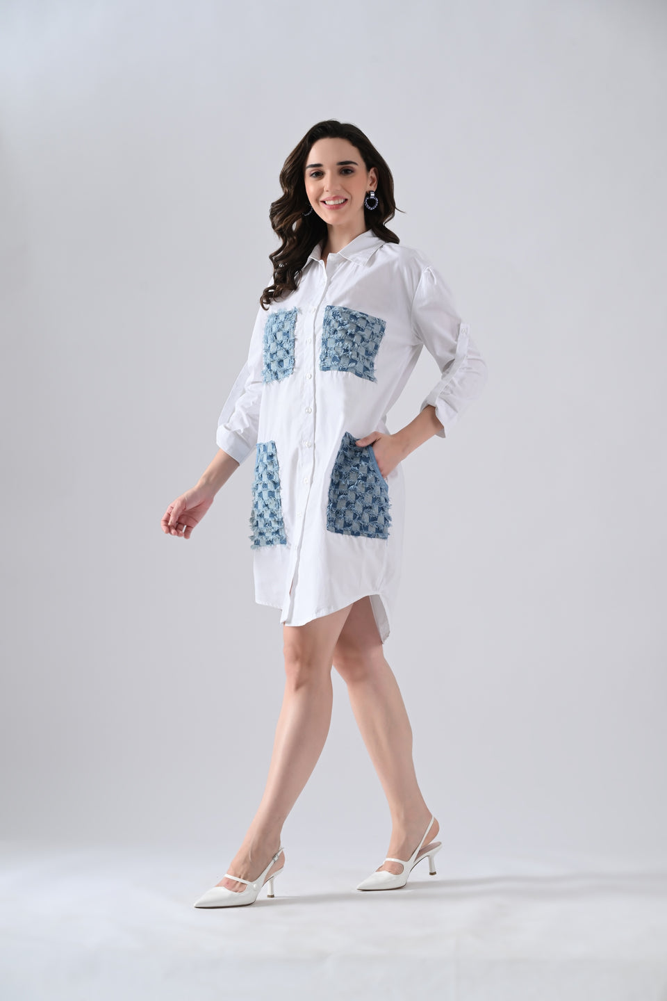White Cotton Shirt Dress with Denim Check Patch Pockets