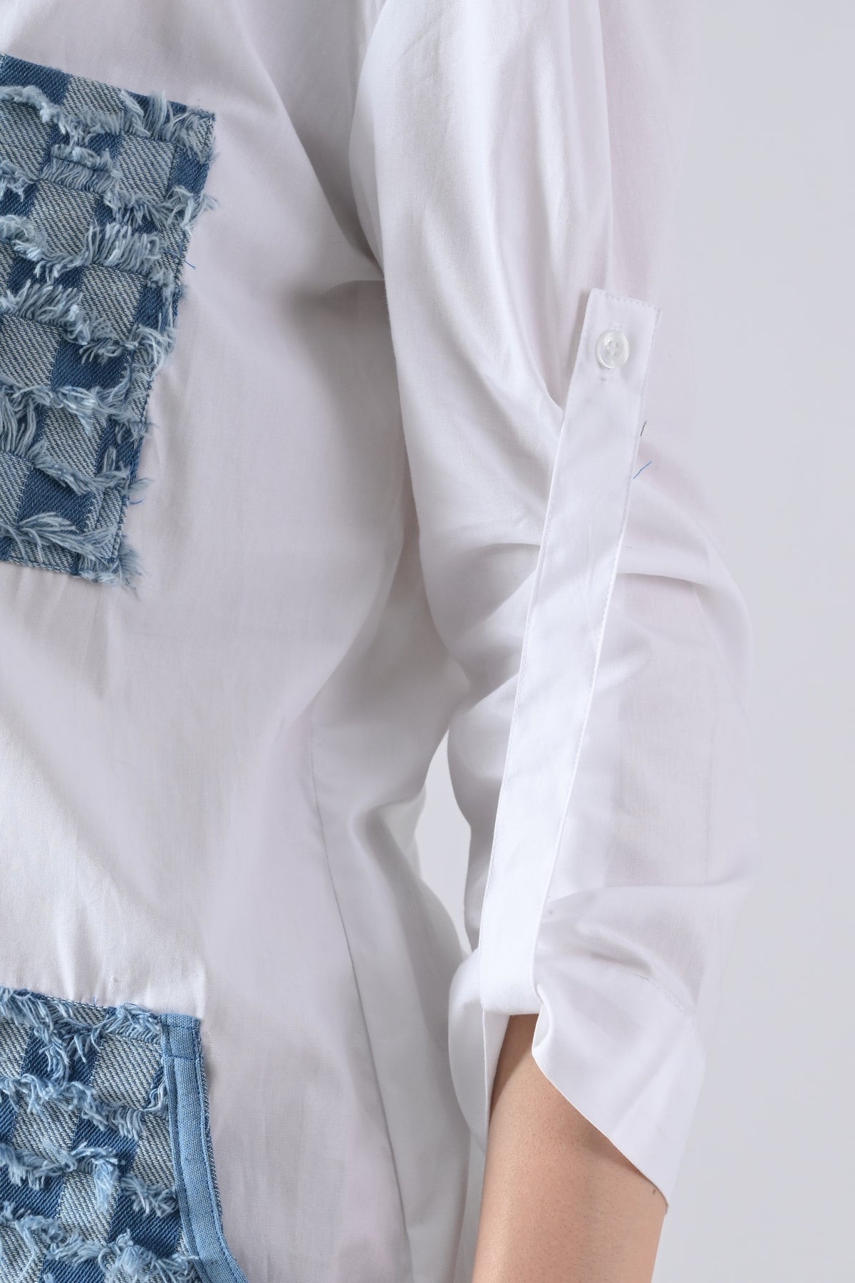 White Cotton Shirt Dress with Denim Check Patch Pockets