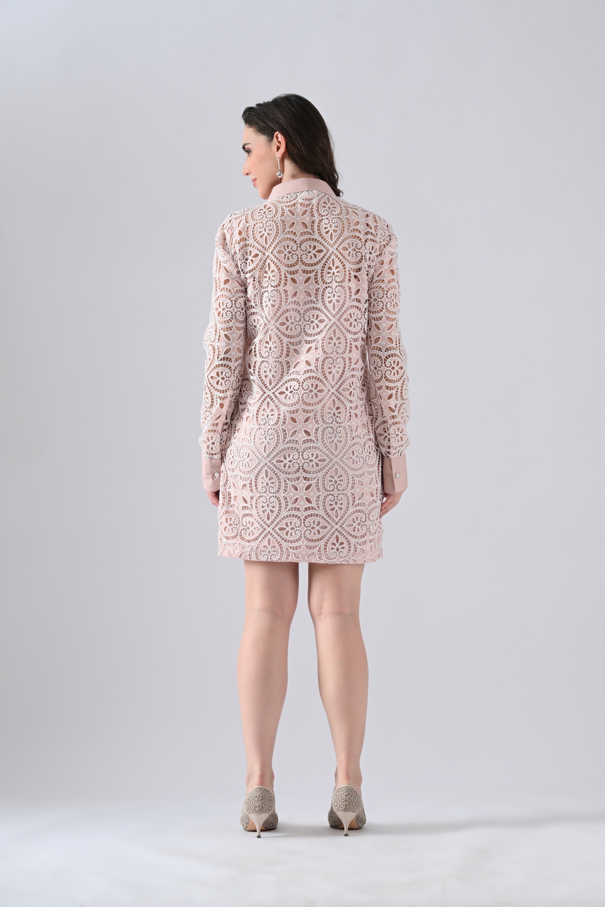 Peach Lace Shirt Dress with Belt