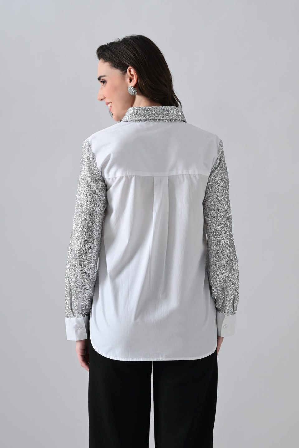 White Cotton Shirt with Silver Shimmer Collar and Sleeves