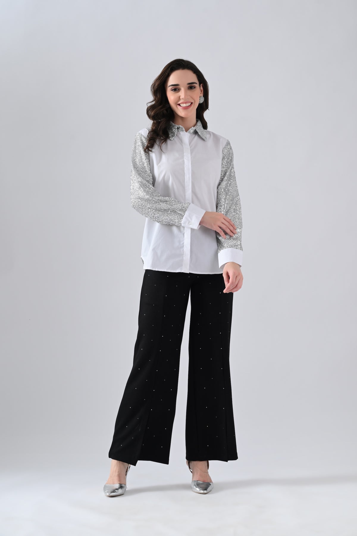 White Cotton Shirt with Silver Shimmer Collar and Sleeves