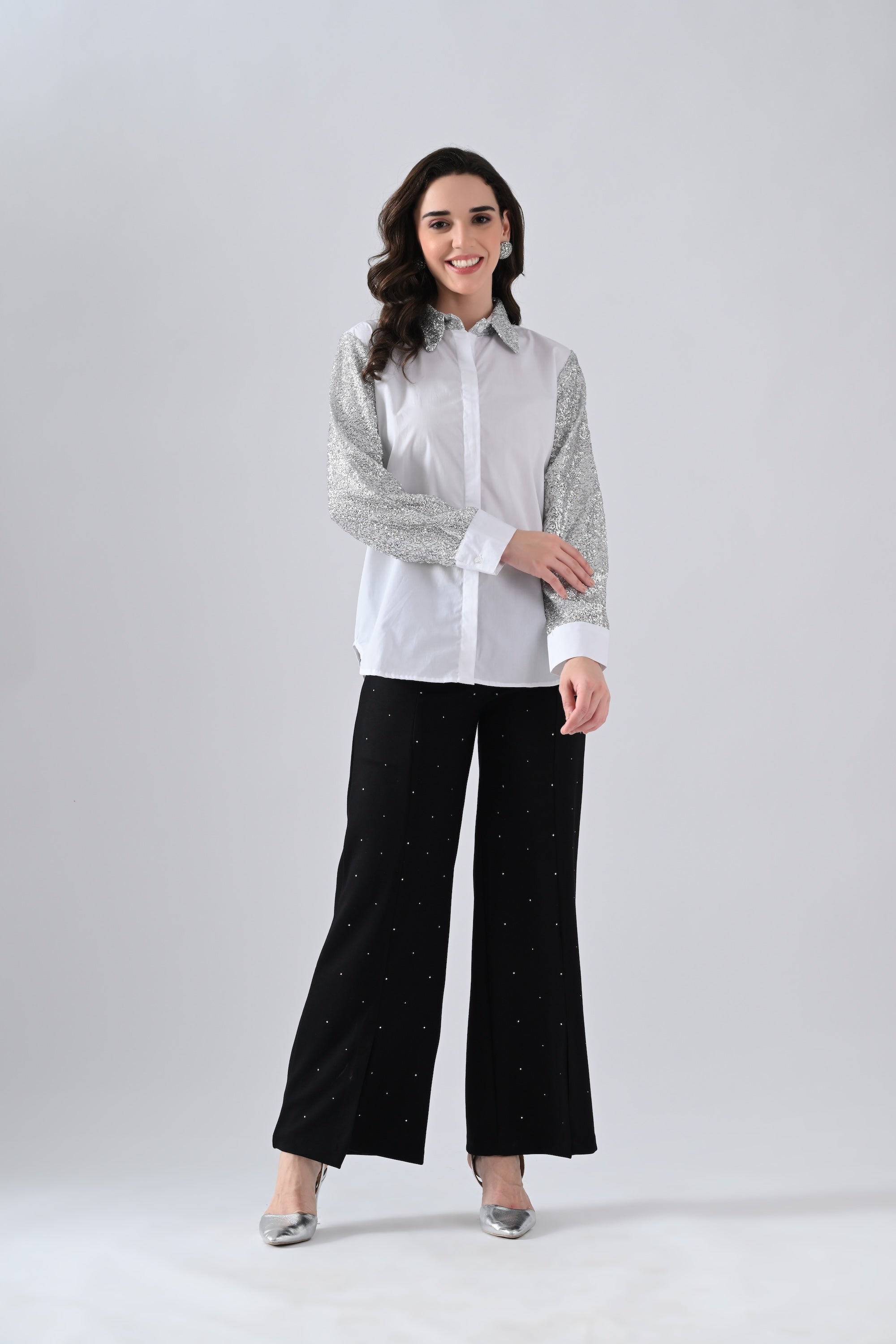 White Cotton Shirt with Silver Shimmer Collar and Sleeves