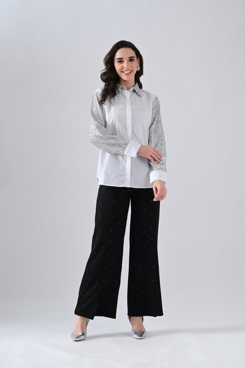 White Cotton Shirt with Silver Shimmer Collar and Sleeves