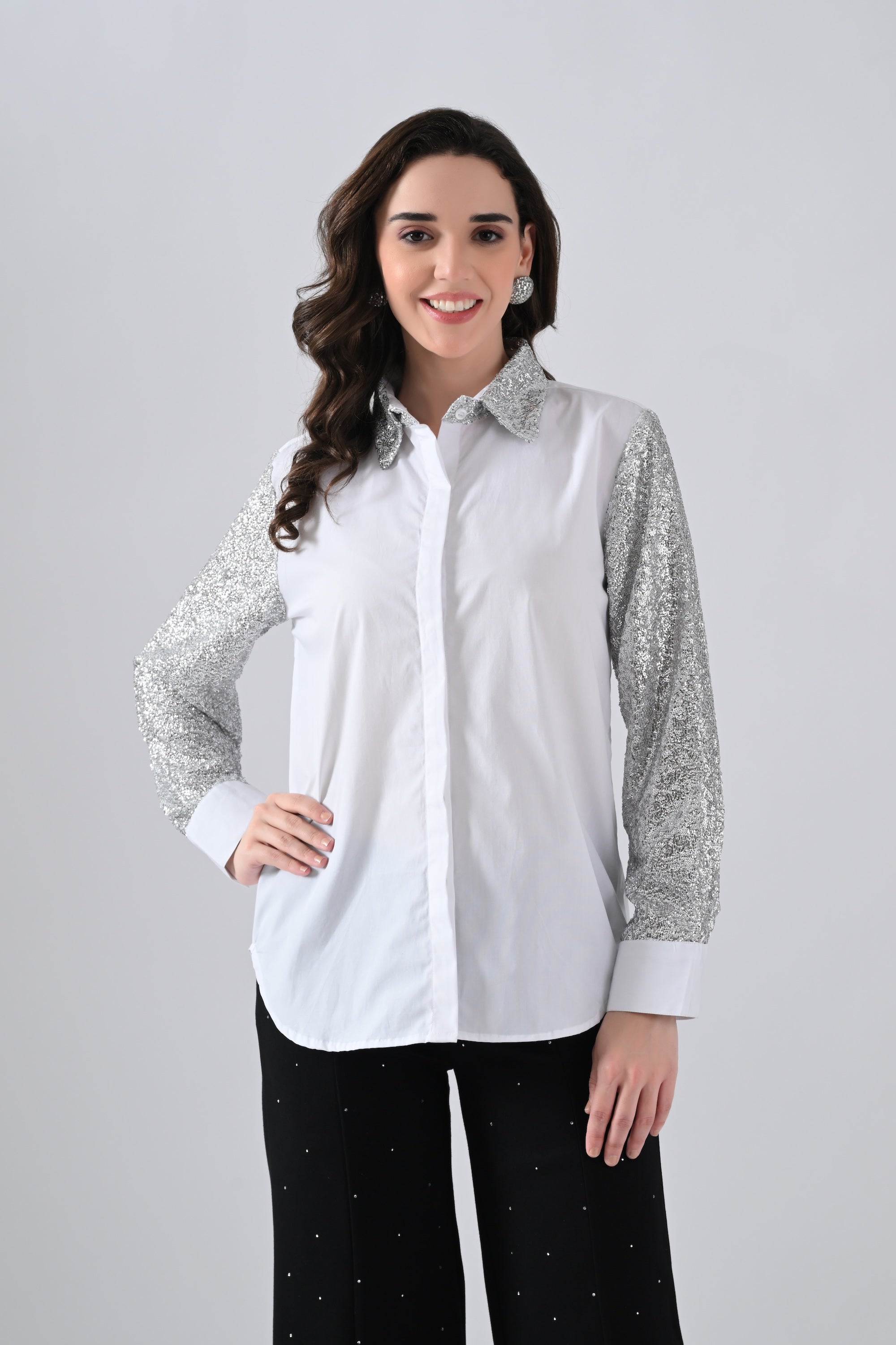 White Cotton Shirt with Silver Shimmer Collar and Sleeves